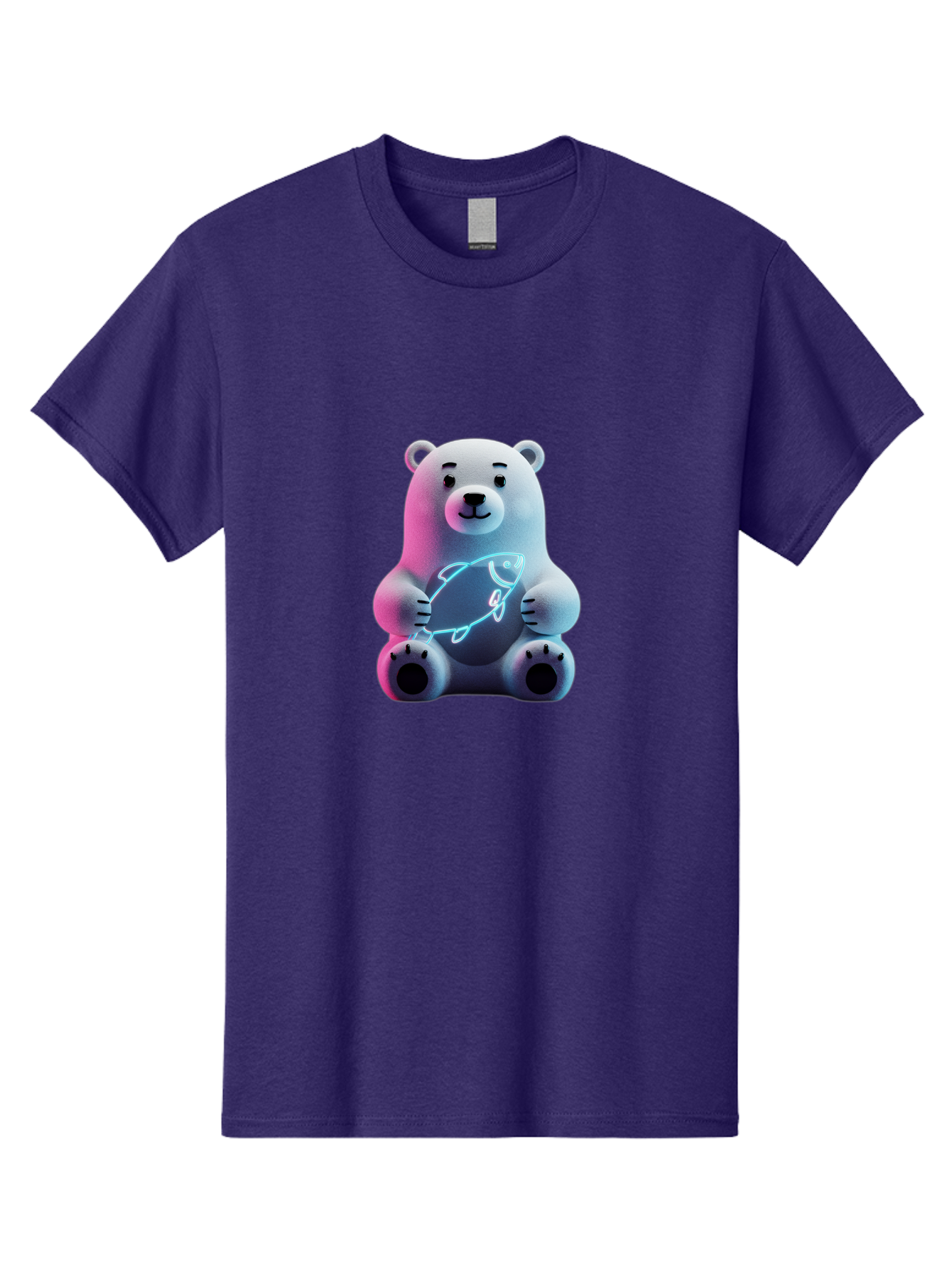 Polar-Bear-With-Fish-4 Men'S Graphic Tee, 100% Cotton, Comfortable Casual Summer Wear, Machine Washable, Polar Bear Holding Fish, Neon Light, Cartoon Character, Cute Animal, 3D Illustration, Glowing Effect, Cartoon Style, Digital Art Bae673