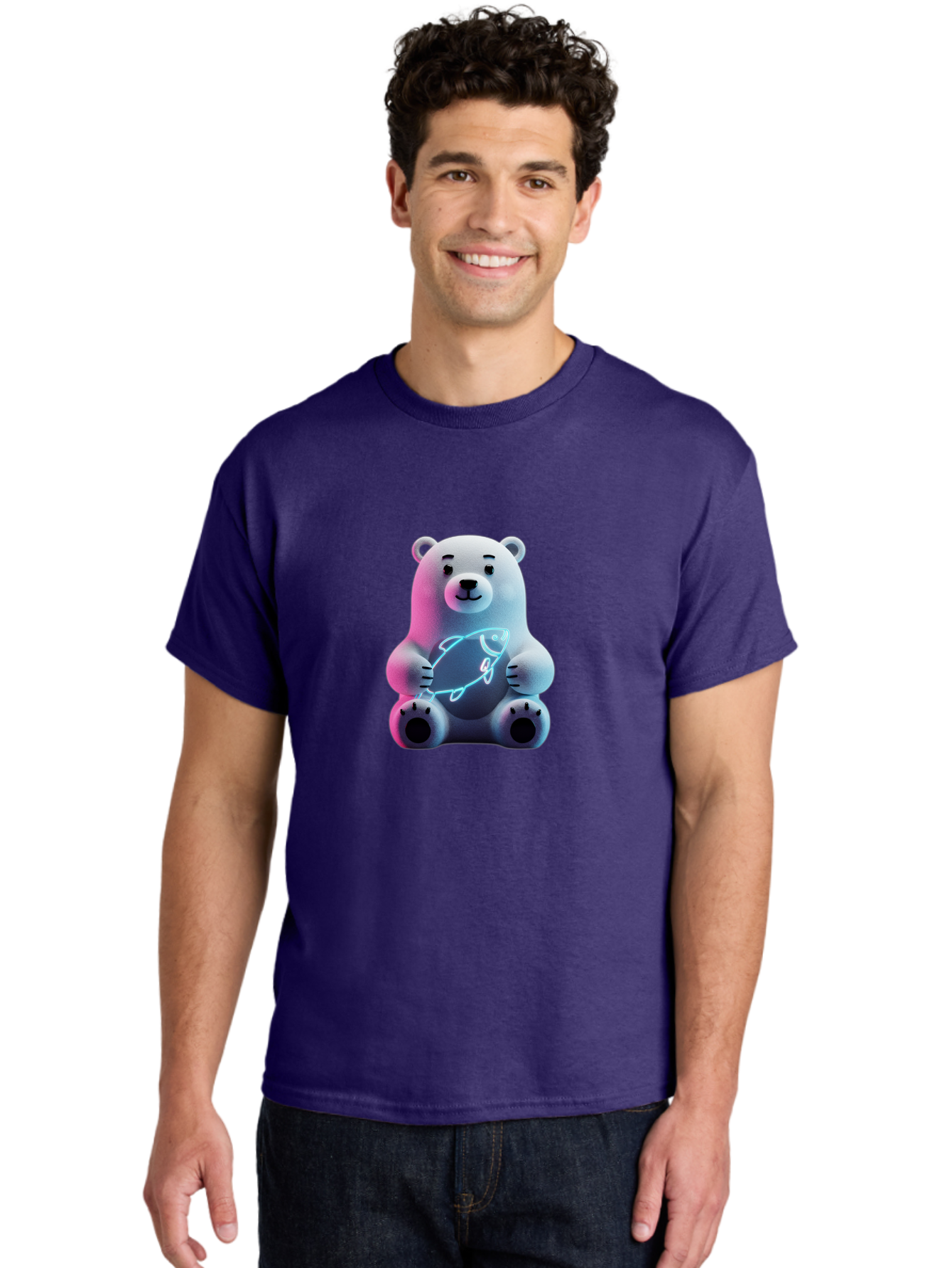 Polar-Bear-With-Fish-4 Men'S Graphic Tee, 100% Cotton, Comfortable Casual Summer Wear, Machine Washable, Polar Bear Holding Fish, Neon Light, Cartoon Character, Cute Animal, 3D Illustration, Glowing Effect, Cartoon Style, Digital Art Bae673