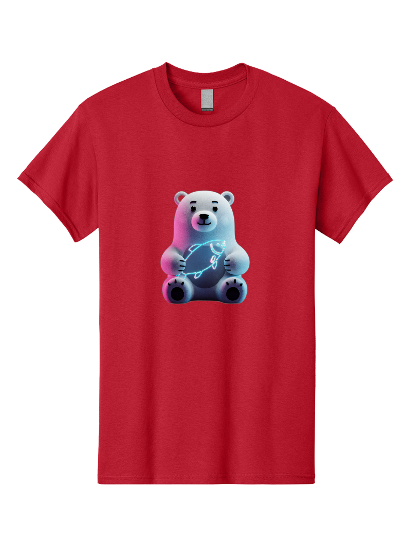 Polar-Bear-With-Fish-4 Men'S Graphic Tee, 100% Cotton, Comfortable Casual Summer Wear, Machine Washable, Polar Bear Holding Fish, Neon Light, Cartoon Character, Cute Animal, 3D Illustration, Glowing Effect, Cartoon Style, Digital Art Bae673
