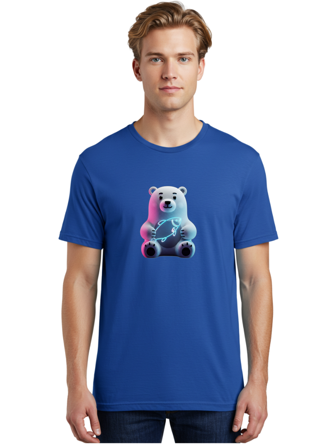 Polar-Bear-With-Fish-4 Men'S Graphic Tee, 100% Cotton, Comfortable Casual Summer Wear, Machine Washable, Polar Bear Holding Fish, Neon Light, Cartoon Character, Cute Animal, 3D Illustration, Glowing Effect, Cartoon Style, Digital Art Bae673