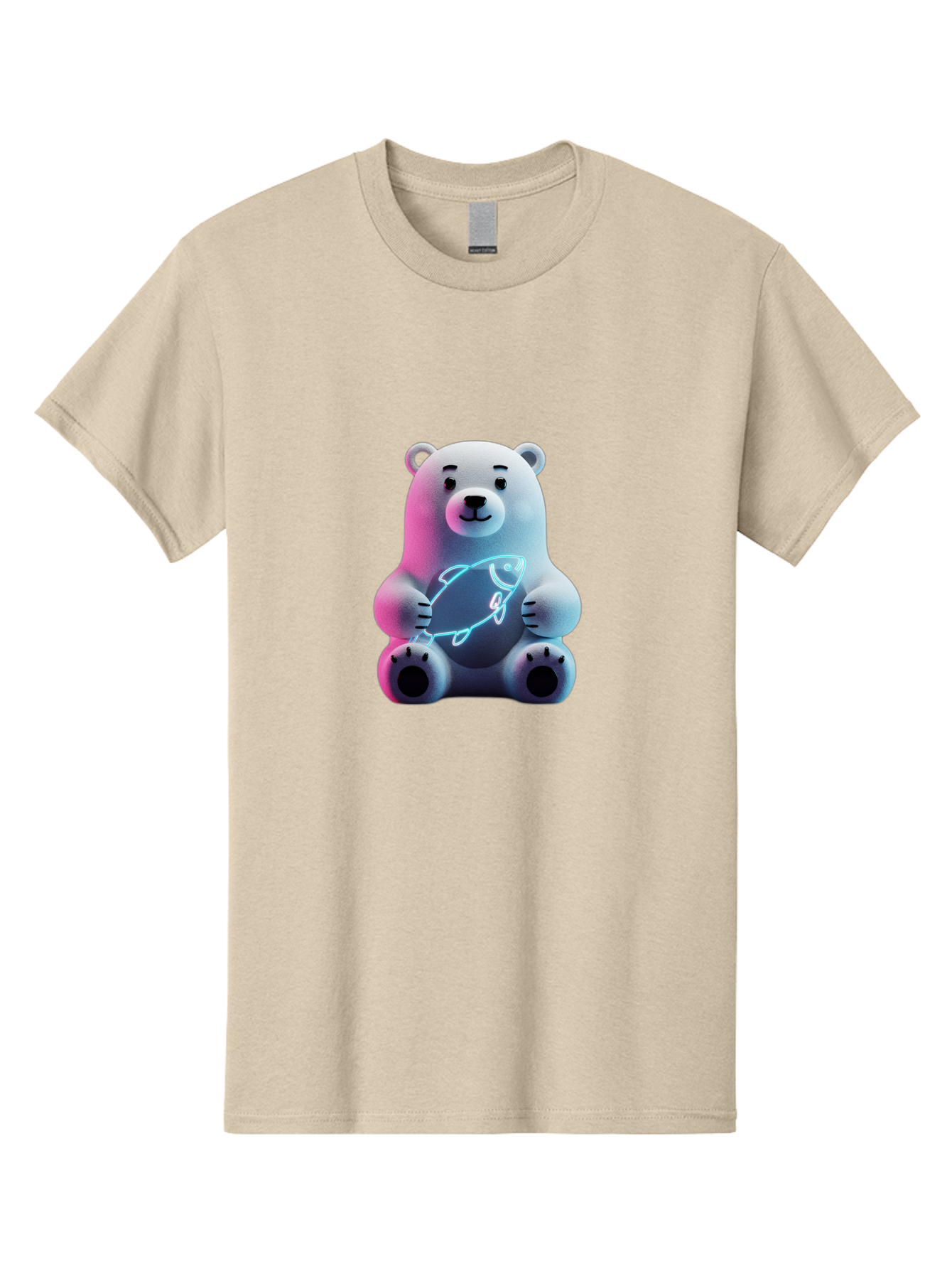 Polar-Bear-With-Fish-4 Men'S Graphic Tee, 100% Cotton, Comfortable Casual Summer Wear, Machine Washable, Polar Bear Holding Fish, Neon Light, Cartoon Character, Cute Animal, 3D Illustration, Glowing Effect, Cartoon Style, Digital Art Bae673