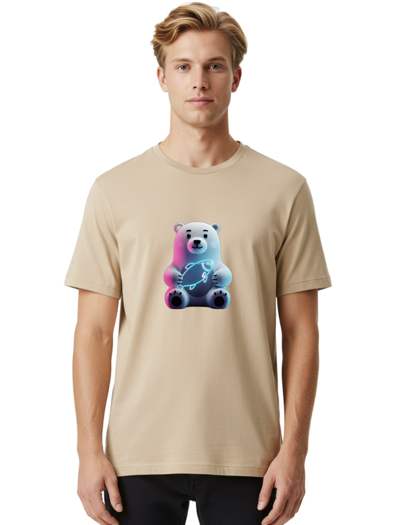 Polar-Bear-With-Fish-4 Men'S Graphic Tee, 100% Cotton, Comfortable Casual Summer Wear, Machine Washable, Polar Bear Holding Fish, Neon Light, Cartoon Character, Cute Animal, 3D Illustration, Glowing Effect, Cartoon Style, Digital Art Bae673