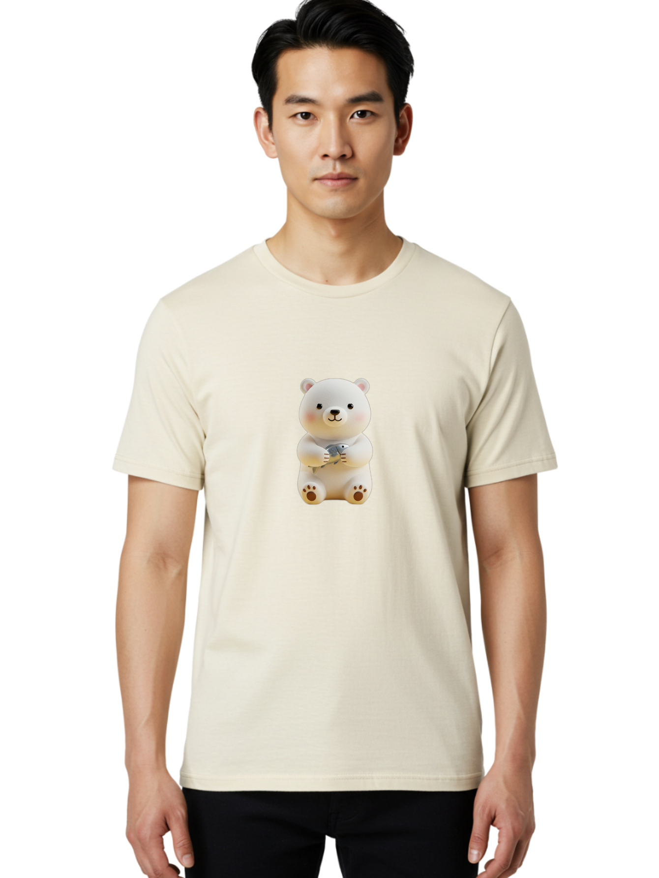 Polar-Bear-With-Fish Men'S Graphic Tee, 100% Cotton, Comfortable Casual Summer Wear, Machine Washable, Cute Polar Bear, White Bear, Holding Fish, Cartoon Character, Adorable Figurine, Kawaii Animal, Childlike Charm, Stuffed Animal, Bae674