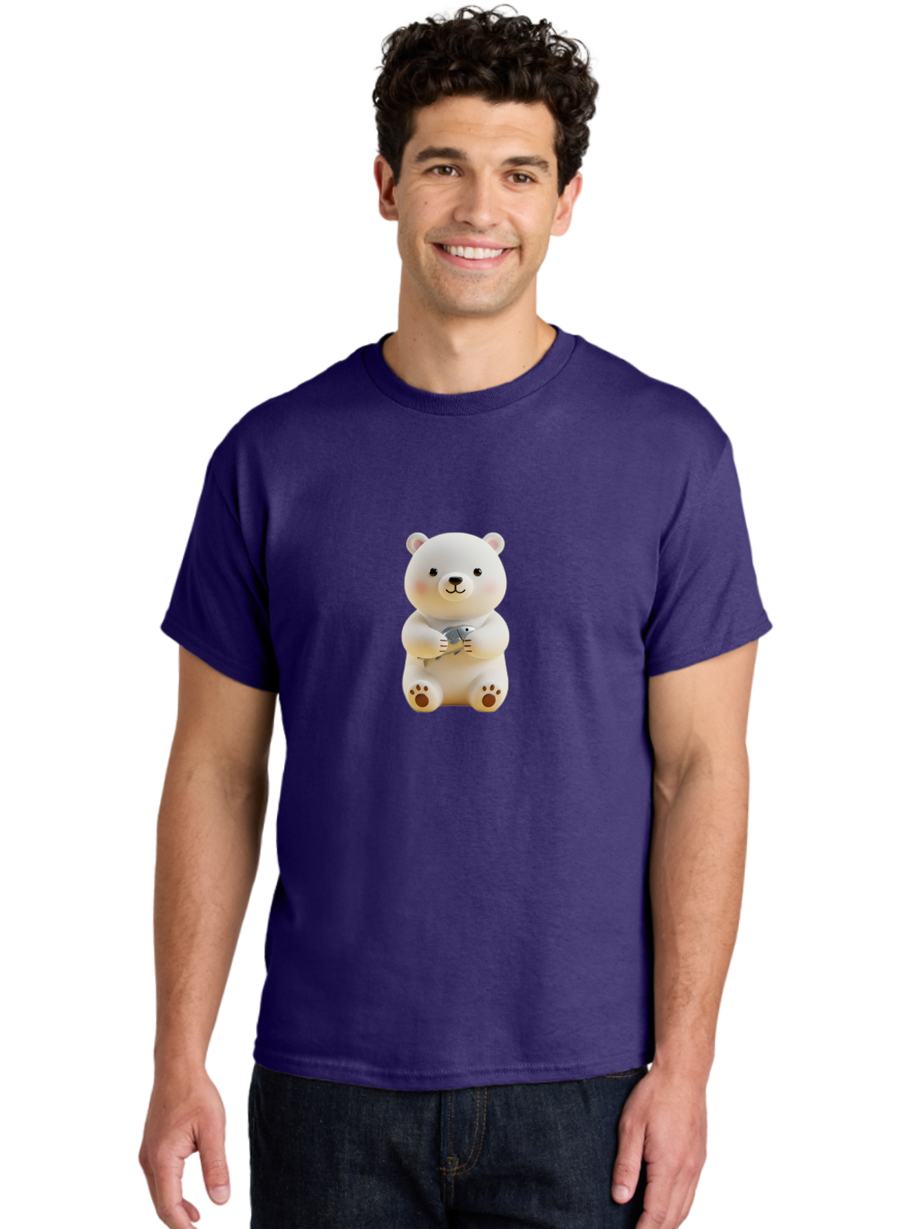 Polar-Bear-With-Fish Men'S Graphic Tee, 100% Cotton, Comfortable Casual Summer Wear, Machine Washable, Cute Polar Bear, White Bear, Holding Fish, Cartoon Character, Adorable Figurine, Kawaii Animal, Childlike Charm, Stuffed Animal, Bae674