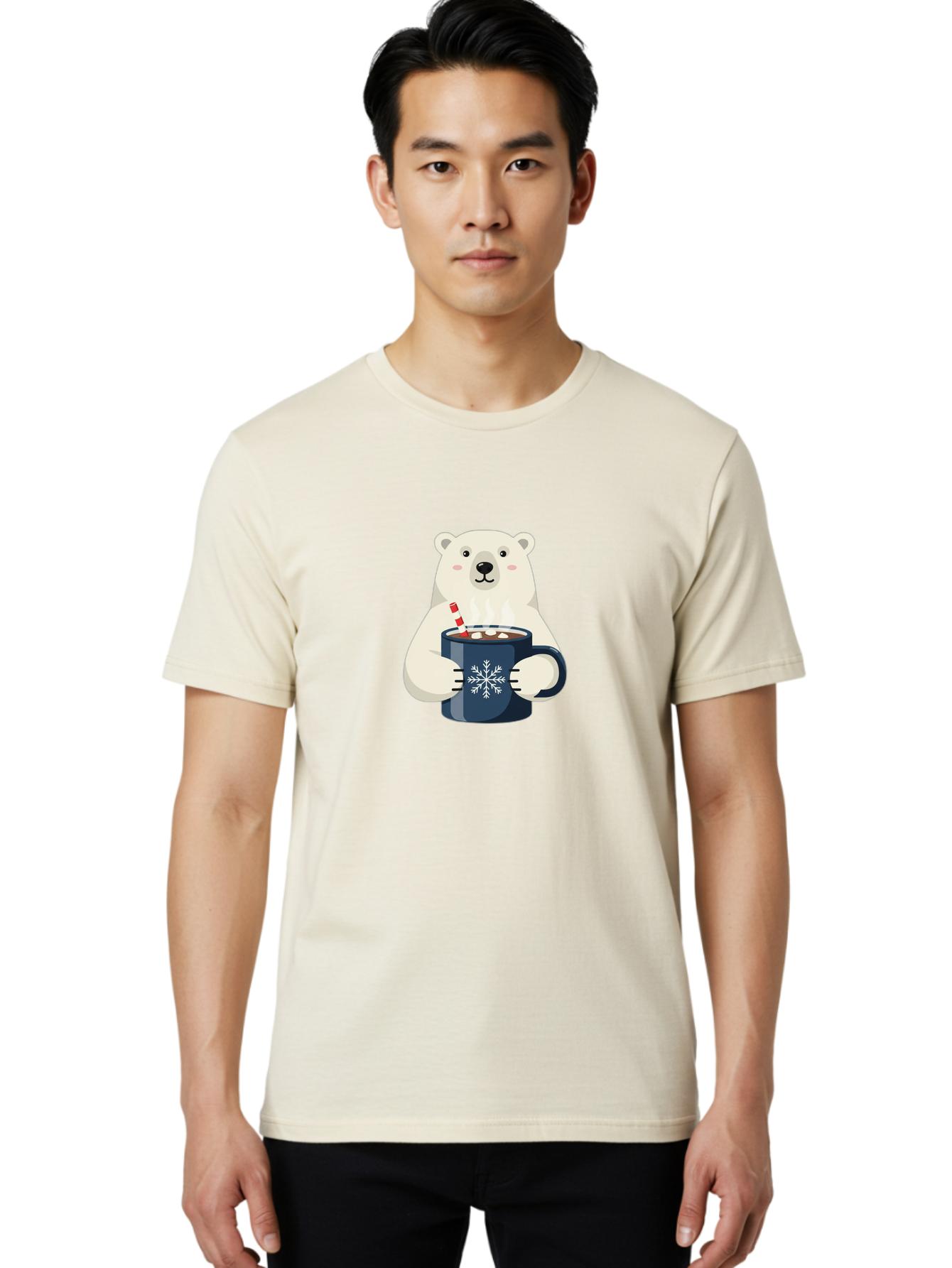 Polar-Bear-With-Hot-Chocolate Men'S Graphic Tee, 100% Cotton, Comfortable Casual Summer Wear, Machine Washable, Polar Bear, Hot Chocolate, Winter Wonderland, Snowflake Mug, Festive Drink, Adorable Bear, Candy Cane Straw, Marshmallow Topping, Bae675