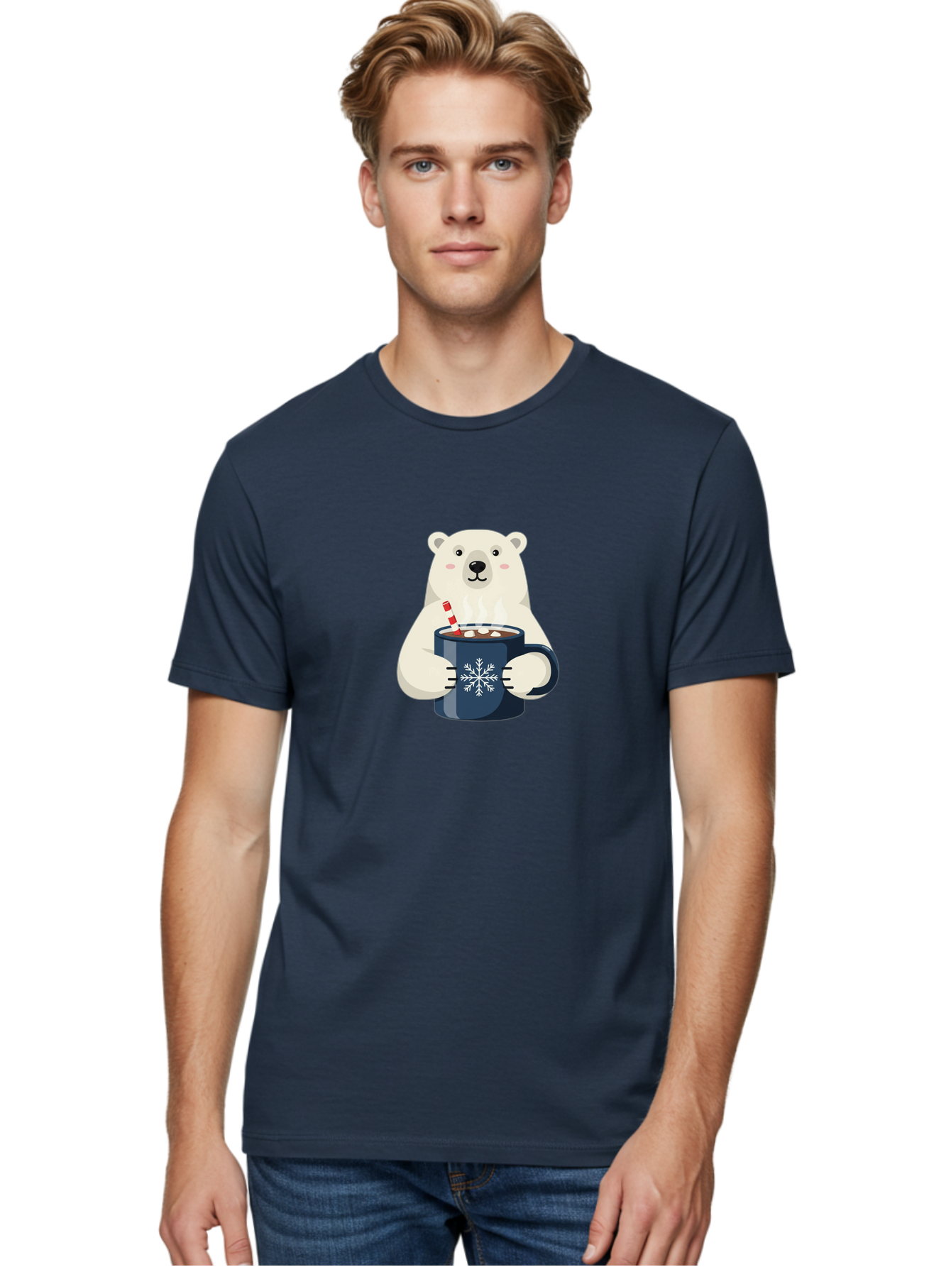 Polar-Bear-With-Hot-Chocolate Men'S Graphic Tee, 100% Cotton, Comfortable Casual Summer Wear, Machine Washable, Polar Bear, Hot Chocolate, Winter Wonderland, Snowflake Mug, Festive Drink, Adorable Bear, Candy Cane Straw, Marshmallow Topping, Bae675