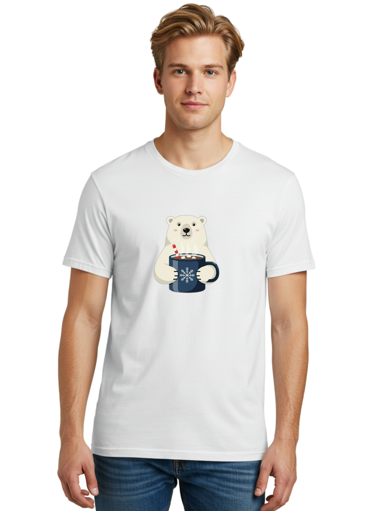 Polar-Bear-With-Hot-Chocolate Men'S Graphic Tee, 100% Cotton, Comfortable Casual Summer Wear, Machine Washable, Polar Bear, Hot Chocolate, Winter Wonderland, Snowflake Mug, Festive Drink, Adorable Bear, Candy Cane Straw, Marshmallow Topping, Bae675