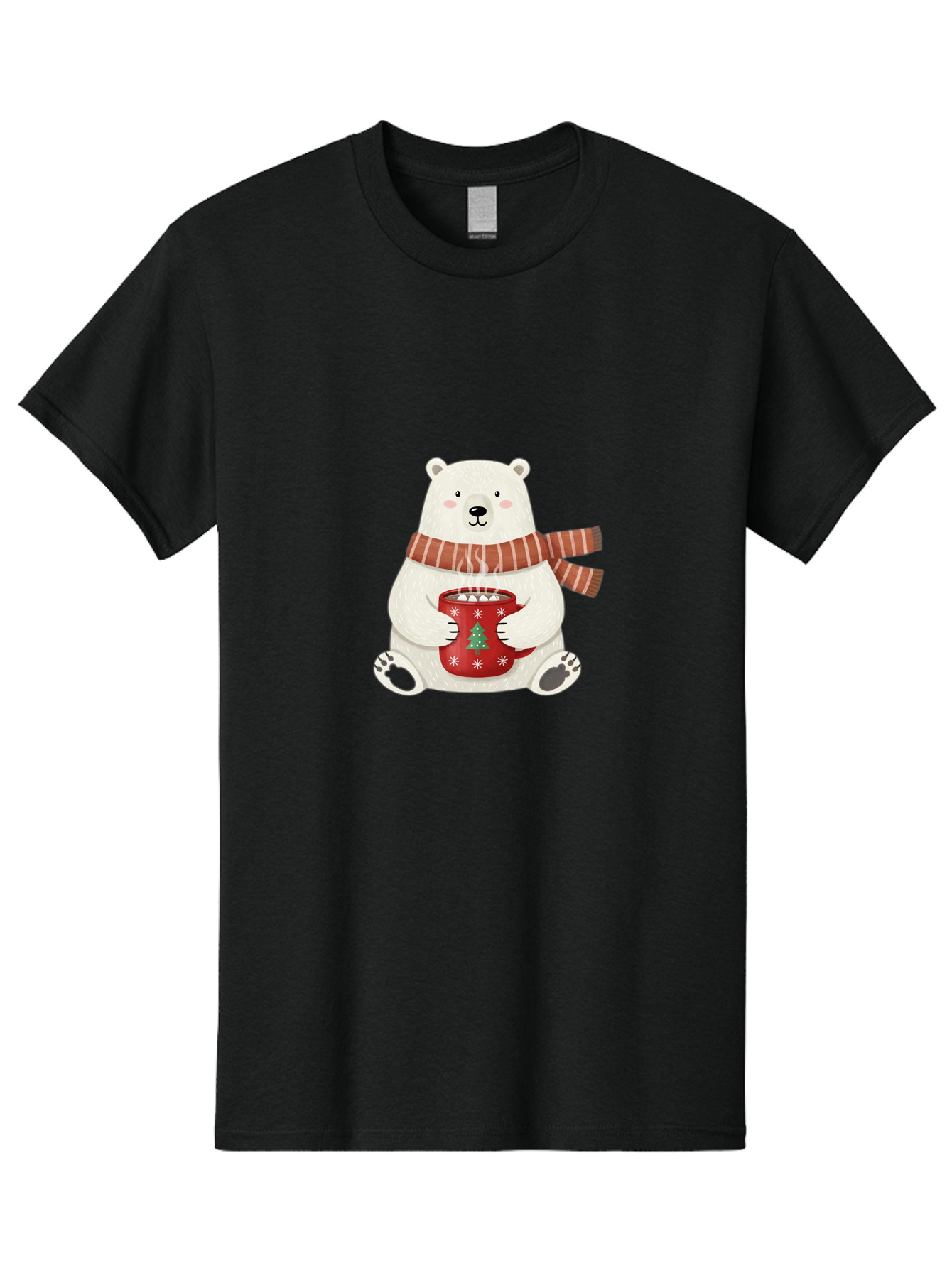 Polar-Bear-With-Mug Men'S Graphic Tee, 100% Cotton, Comfortable Casual Summer Wear, Machine Washable, Polar Bear, Winter Scene, Festive Scarf, Christmas Mug, Hot Chocolate, White Snowflakes, Red Mug, Green Christmas Tree, Cold Climate, Bae676