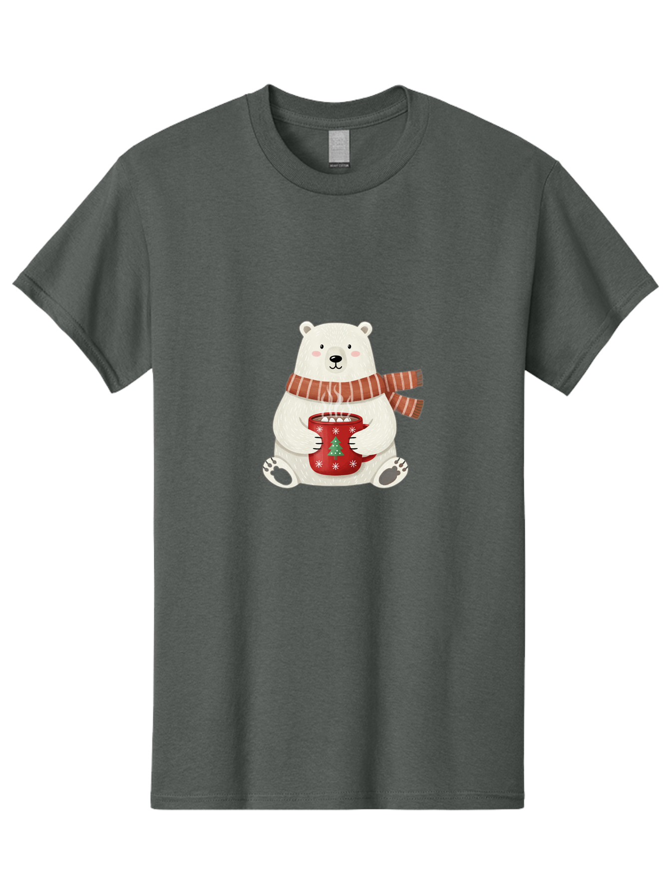 Polar-Bear-With-Mug Men'S Graphic Tee, 100% Cotton, Comfortable Casual Summer Wear, Machine Washable, Polar Bear, Winter Scene, Festive Scarf, Christmas Mug, Hot Chocolate, White Snowflakes, Red Mug, Green Christmas Tree, Cold Climate, Bae676