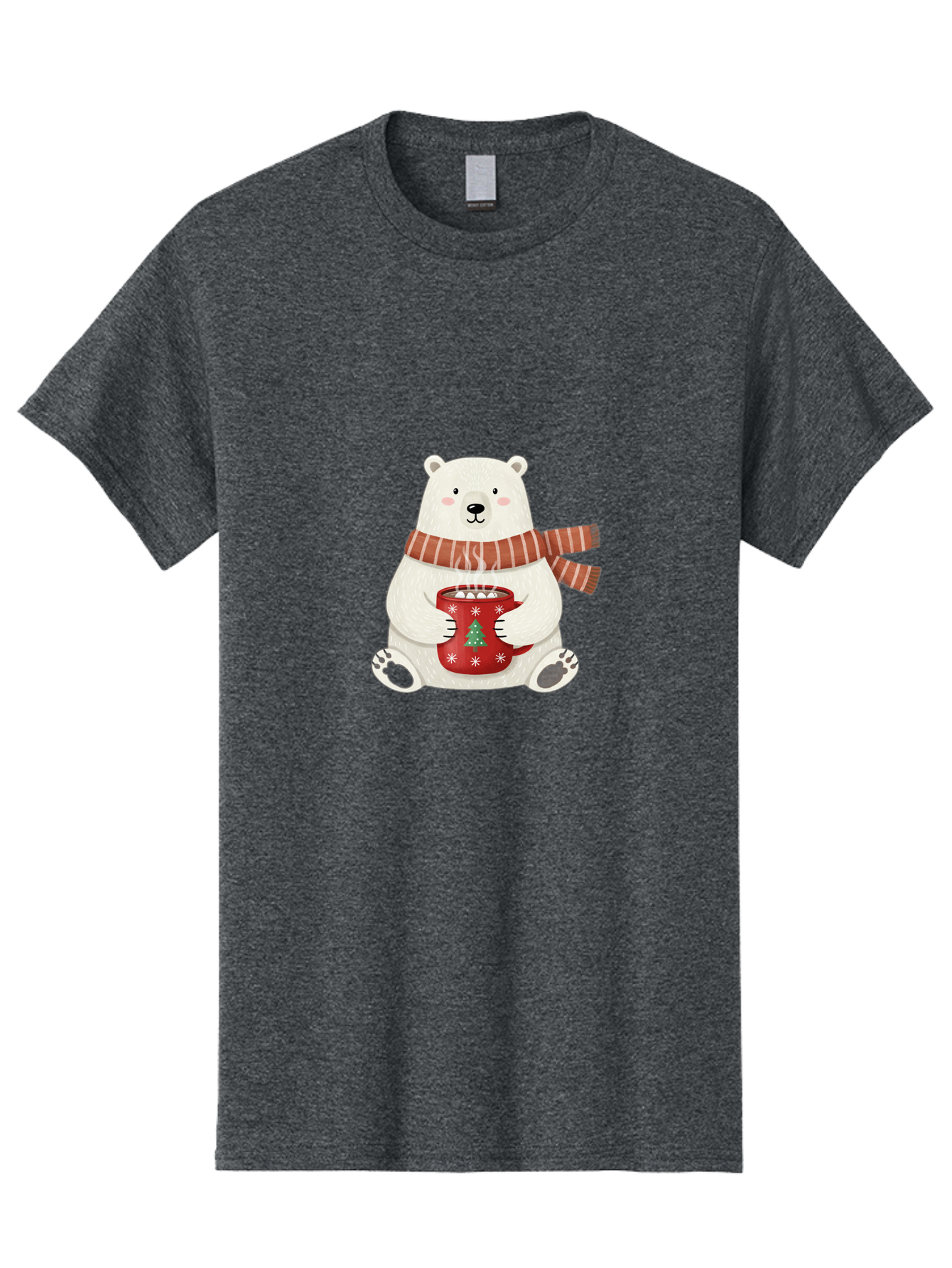 Polar-Bear-With-Mug Men'S Graphic Tee, 100% Cotton, Comfortable Casual Summer Wear, Machine Washable, Polar Bear, Winter Scene, Festive Scarf, Christmas Mug, Hot Chocolate, White Snowflakes, Red Mug, Green Christmas Tree, Cold Climate, Bae676