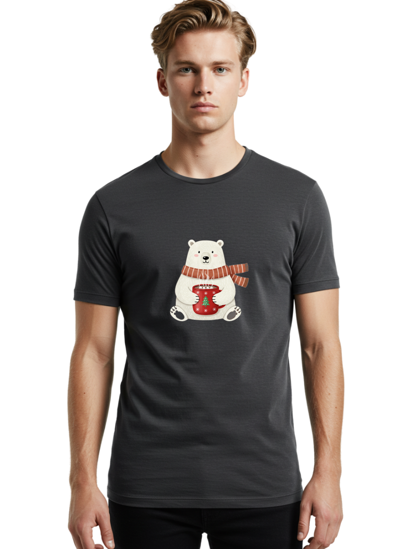 Polar-Bear-With-Mug Men'S Graphic Tee, 100% Cotton, Comfortable Casual Summer Wear, Machine Washable, Polar Bear, Winter Scene, Festive Scarf, Christmas Mug, Hot Chocolate, White Snowflakes, Red Mug, Green Christmas Tree, Cold Climate, Bae676