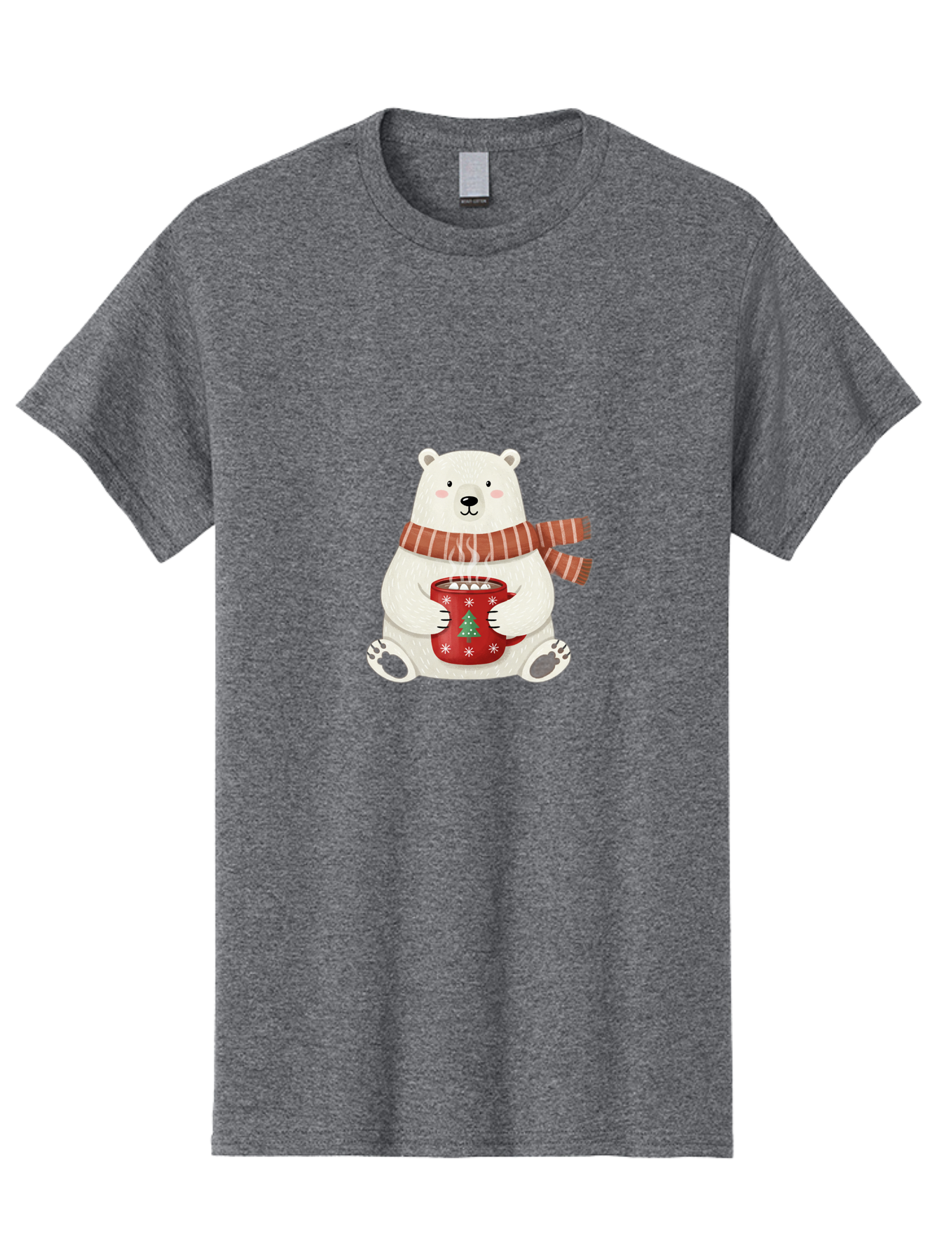 Polar-Bear-With-Mug Men'S Graphic Tee, 100% Cotton, Comfortable Casual Summer Wear, Machine Washable, Polar Bear, Winter Scene, Festive Scarf, Christmas Mug, Hot Chocolate, White Snowflakes, Red Mug, Green Christmas Tree, Cold Climate, Bae676