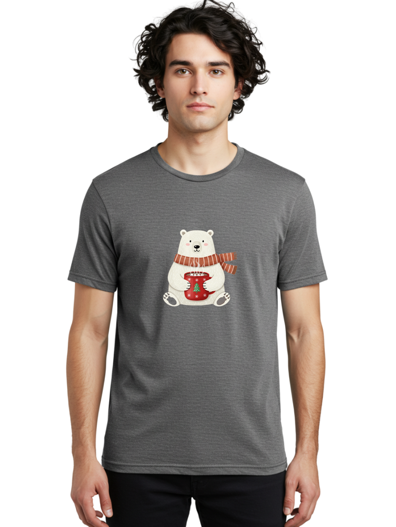 Polar-Bear-With-Mug Men'S Graphic Tee, 100% Cotton, Comfortable Casual Summer Wear, Machine Washable, Polar Bear, Winter Scene, Festive Scarf, Christmas Mug, Hot Chocolate, White Snowflakes, Red Mug, Green Christmas Tree, Cold Climate, Bae676