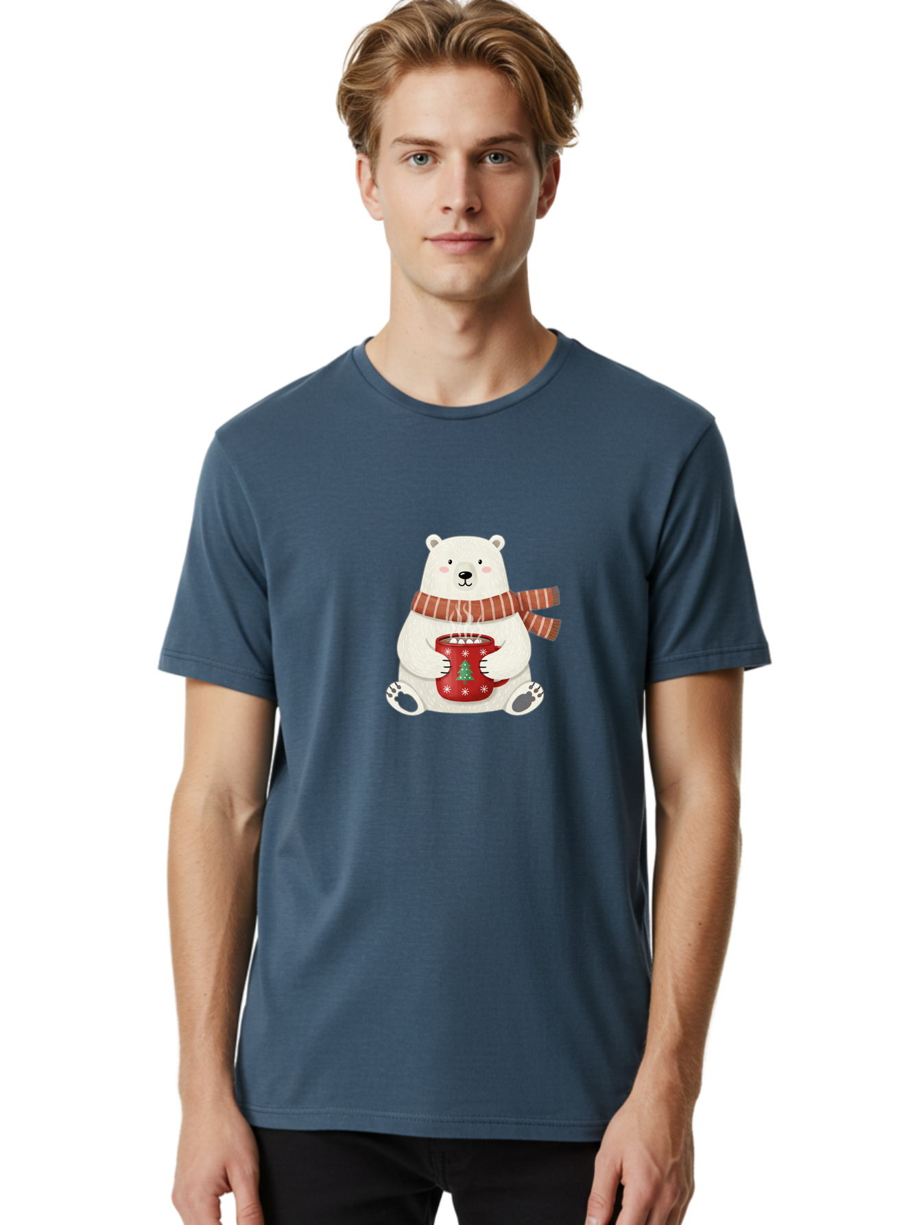 Polar-Bear-With-Mug Men'S Graphic Tee, 100% Cotton, Comfortable Casual Summer Wear, Machine Washable, Polar Bear, Winter Scene, Festive Scarf, Christmas Mug, Hot Chocolate, White Snowflakes, Red Mug, Green Christmas Tree, Cold Climate, Bae676