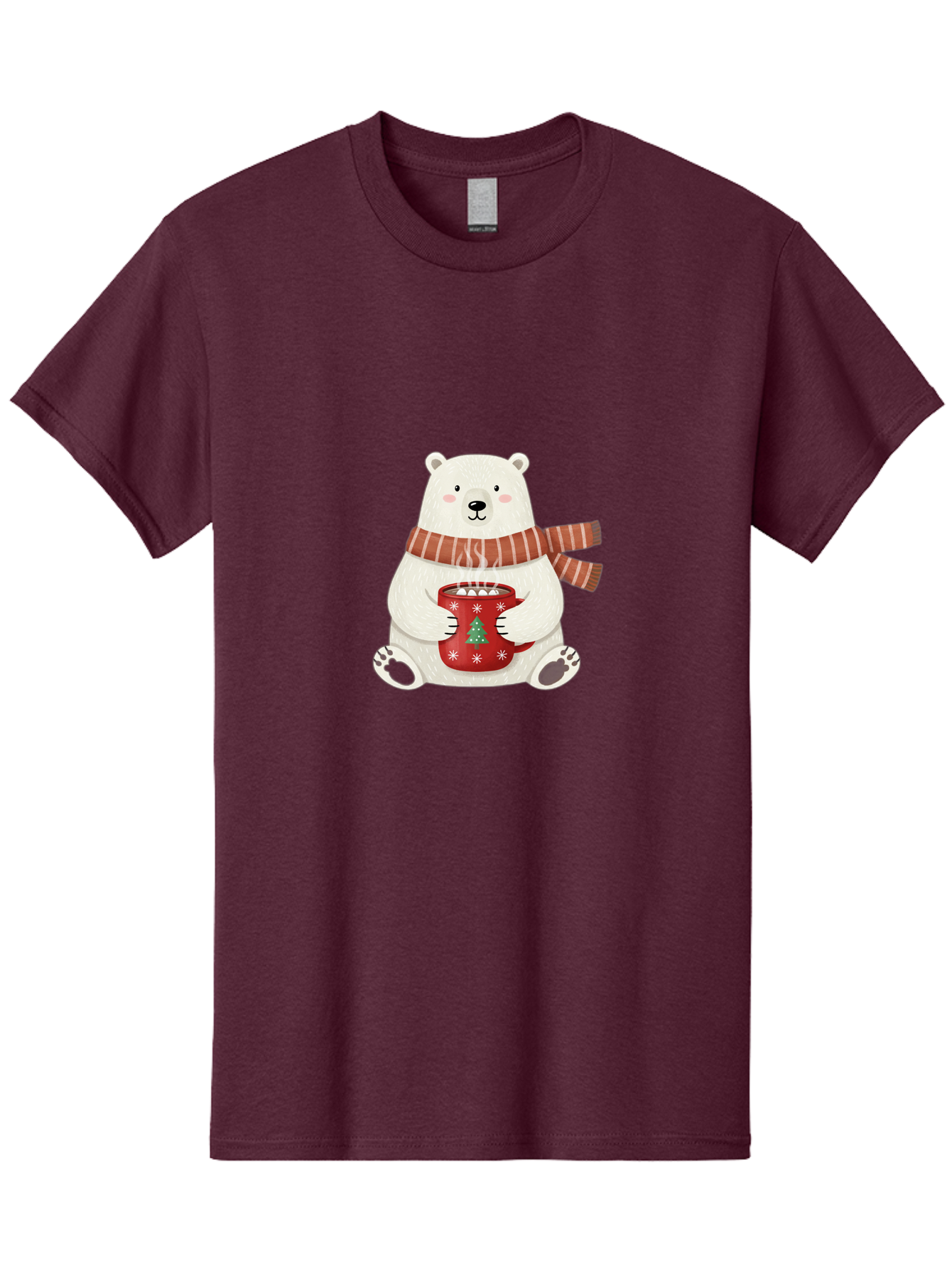 Polar-Bear-With-Mug Men'S Graphic Tee, 100% Cotton, Comfortable Casual Summer Wear, Machine Washable, Polar Bear, Winter Scene, Festive Scarf, Christmas Mug, Hot Chocolate, White Snowflakes, Red Mug, Green Christmas Tree, Cold Climate, Bae676