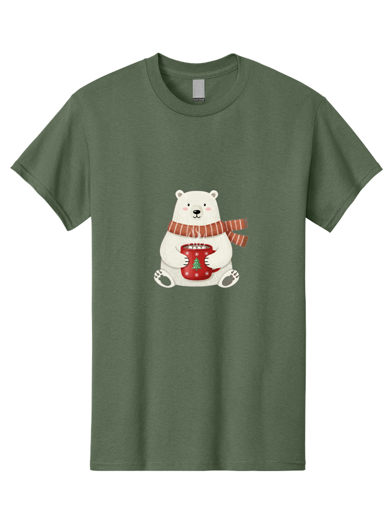 Polar-Bear-With-Mug Men'S Graphic Tee, 100% Cotton, Comfortable Casual Summer Wear, Machine Washable, Polar Bear, Winter Scene, Festive Scarf, Christmas Mug, Hot Chocolate, White Snowflakes, Red Mug, Green Christmas Tree, Cold Climate, Bae676