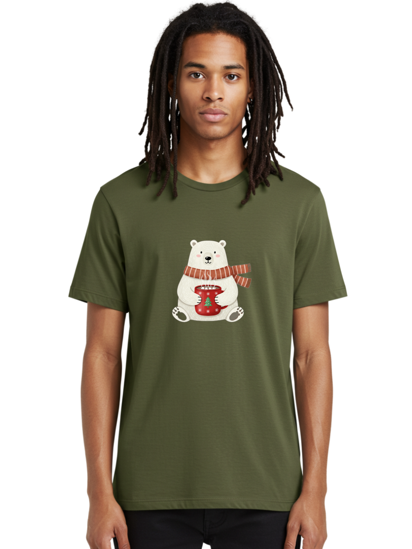 Polar-Bear-With-Mug Men'S Graphic Tee, 100% Cotton, Comfortable Casual Summer Wear, Machine Washable, Polar Bear, Winter Scene, Festive Scarf, Christmas Mug, Hot Chocolate, White Snowflakes, Red Mug, Green Christmas Tree, Cold Climate, Bae676