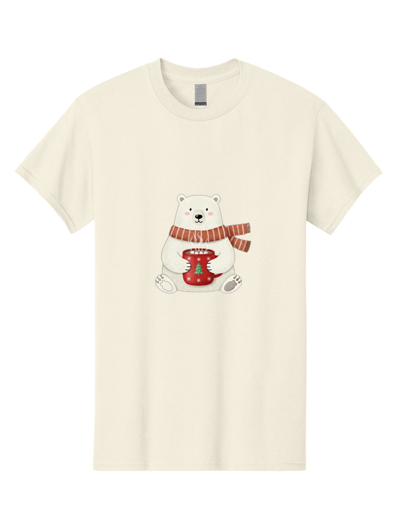 Polar-Bear-With-Mug Men'S Graphic Tee, 100% Cotton, Comfortable Casual Summer Wear, Machine Washable, Polar Bear, Winter Scene, Festive Scarf, Christmas Mug, Hot Chocolate, White Snowflakes, Red Mug, Green Christmas Tree, Cold Climate, Bae676