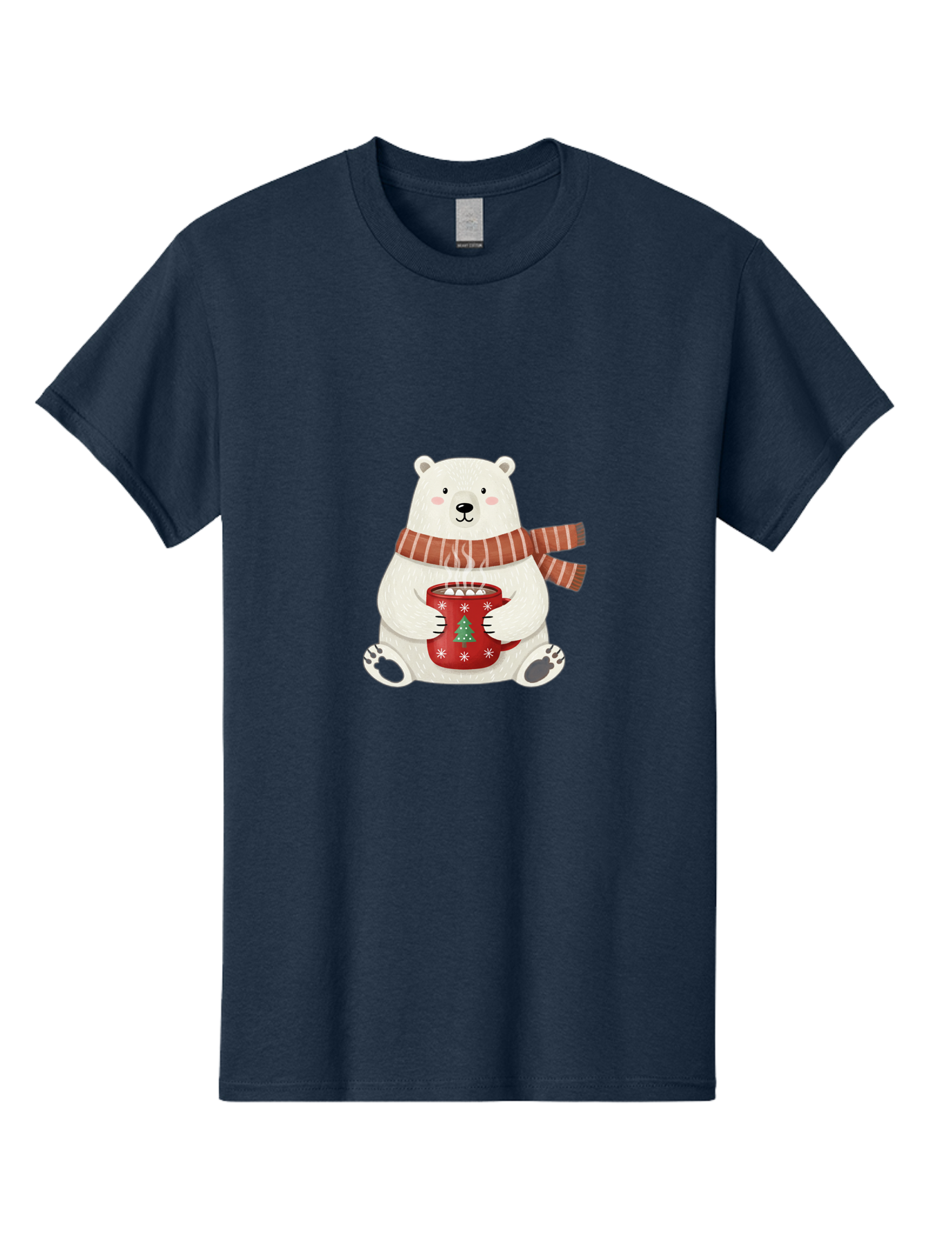 Polar-Bear-With-Mug Men'S Graphic Tee, 100% Cotton, Comfortable Casual Summer Wear, Machine Washable, Polar Bear, Winter Scene, Festive Scarf, Christmas Mug, Hot Chocolate, White Snowflakes, Red Mug, Green Christmas Tree, Cold Climate, Bae676