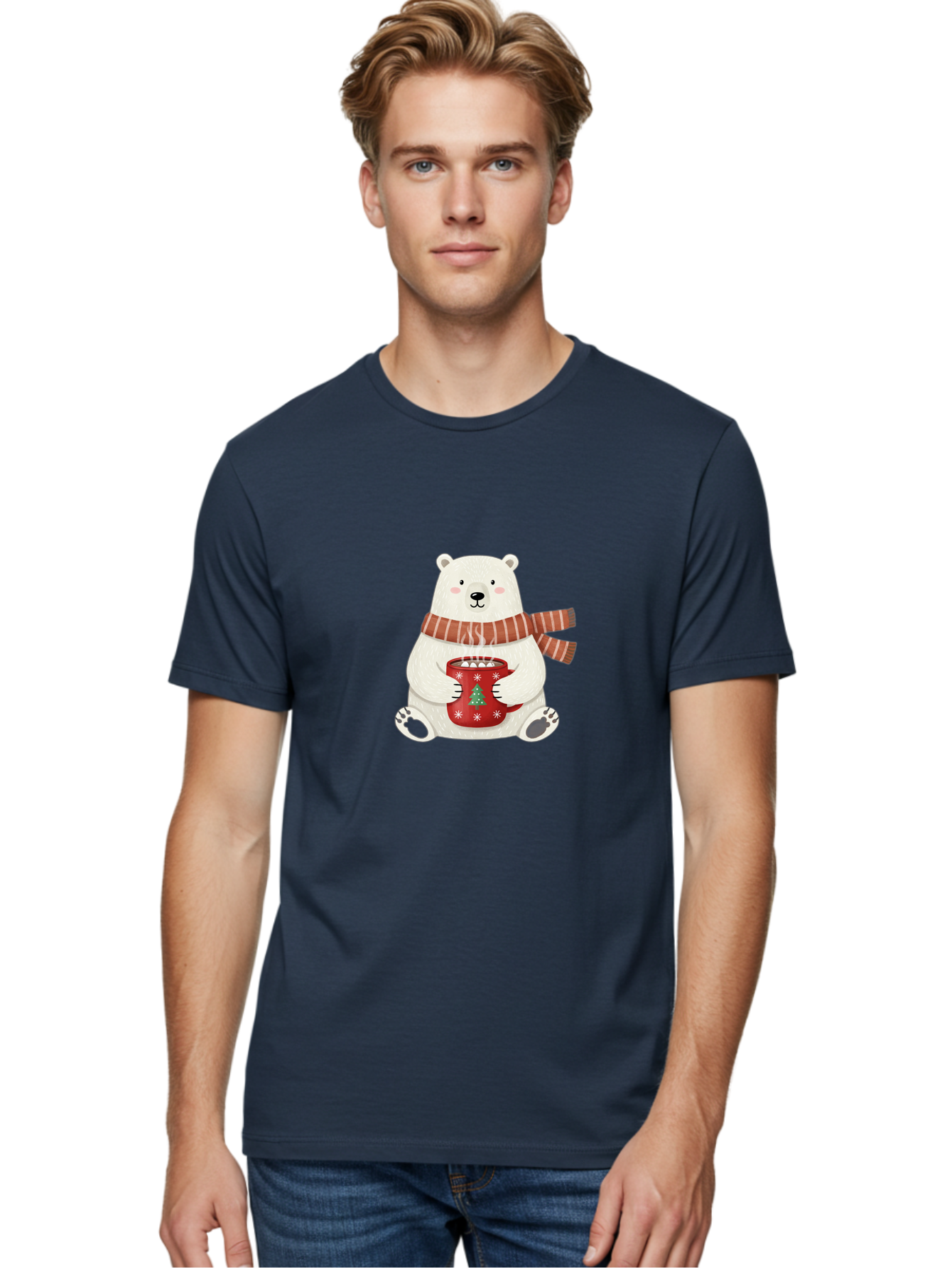 Polar-Bear-With-Mug Men'S Graphic Tee, 100% Cotton, Comfortable Casual Summer Wear, Machine Washable, Polar Bear, Winter Scene, Festive Scarf, Christmas Mug, Hot Chocolate, White Snowflakes, Red Mug, Green Christmas Tree, Cold Climate, Bae676