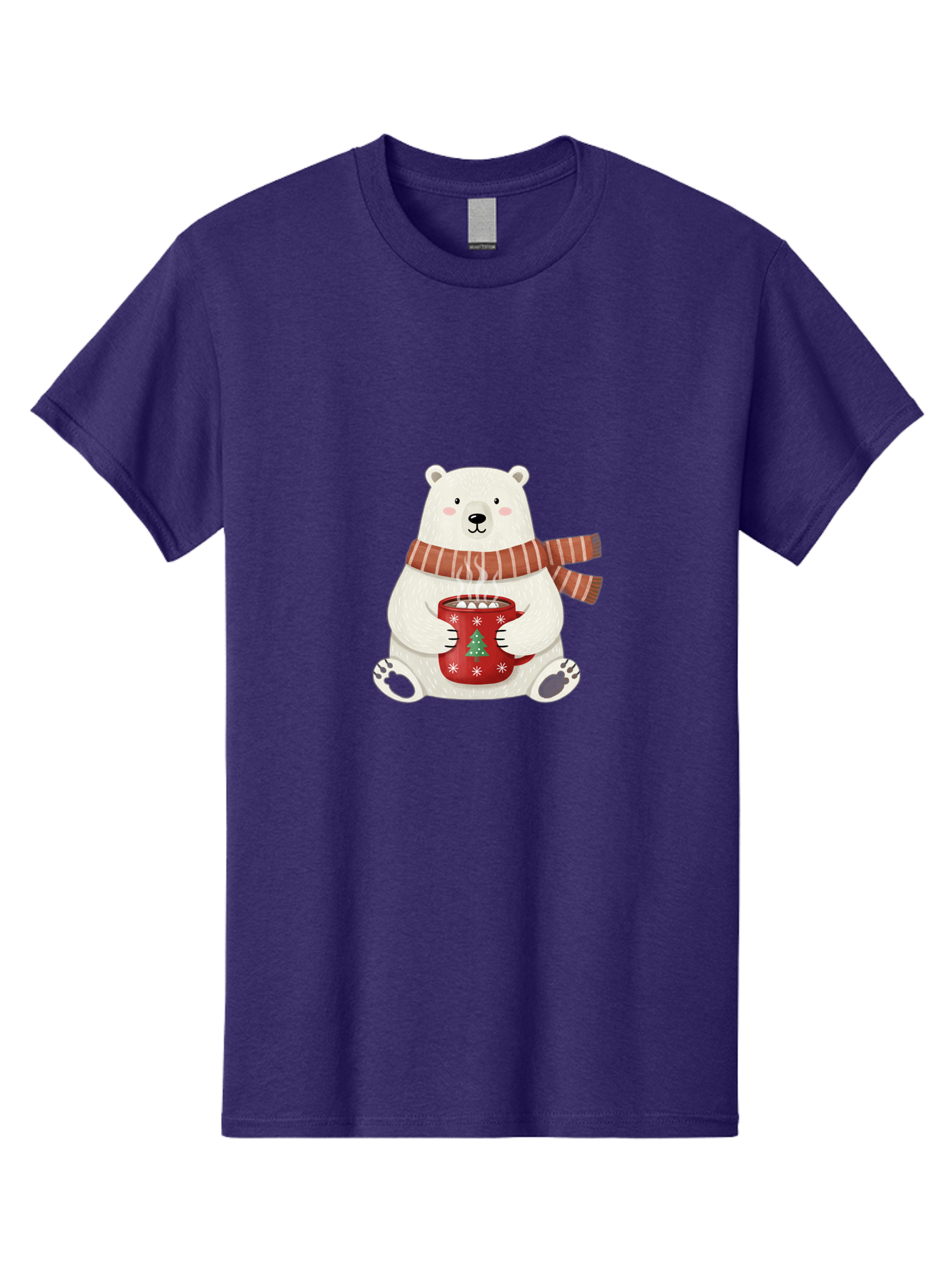 Polar-Bear-With-Mug Men'S Graphic Tee, 100% Cotton, Comfortable Casual Summer Wear, Machine Washable, Polar Bear, Winter Scene, Festive Scarf, Christmas Mug, Hot Chocolate, White Snowflakes, Red Mug, Green Christmas Tree, Cold Climate, Bae676