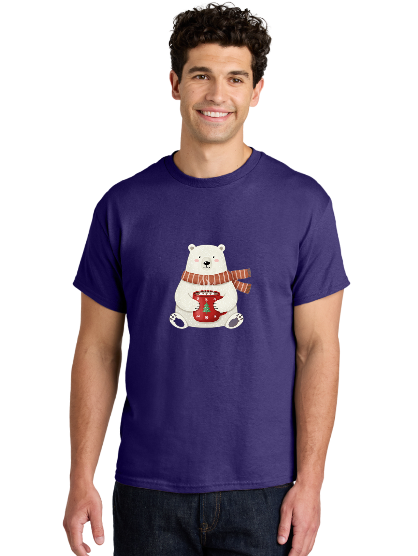 Polar-Bear-With-Mug Men'S Graphic Tee, 100% Cotton, Comfortable Casual Summer Wear, Machine Washable, Polar Bear, Winter Scene, Festive Scarf, Christmas Mug, Hot Chocolate, White Snowflakes, Red Mug, Green Christmas Tree, Cold Climate, Bae676