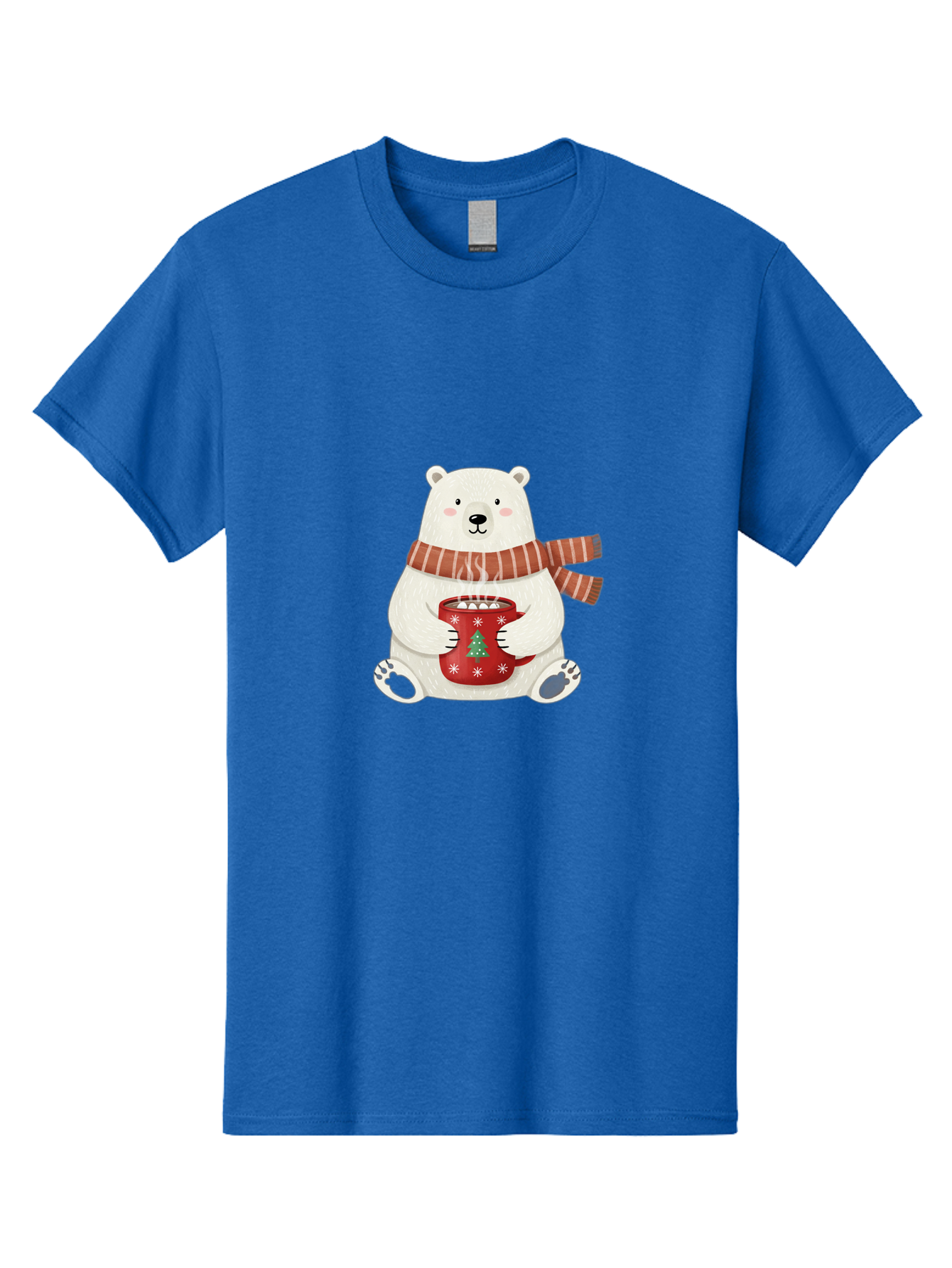 Polar-Bear-With-Mug Men'S Graphic Tee, 100% Cotton, Comfortable Casual Summer Wear, Machine Washable, Polar Bear, Winter Scene, Festive Scarf, Christmas Mug, Hot Chocolate, White Snowflakes, Red Mug, Green Christmas Tree, Cold Climate, Bae676