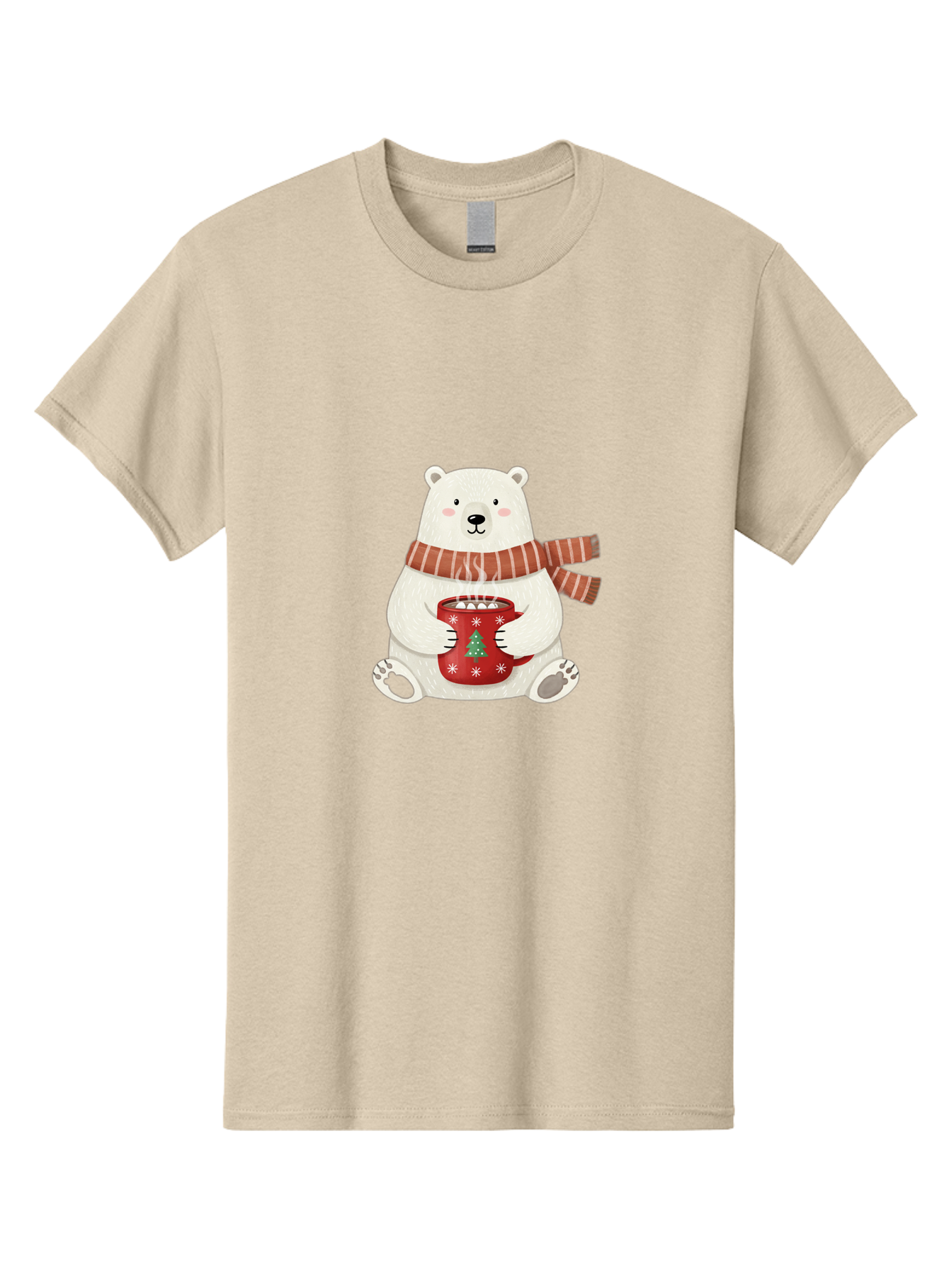 Polar-Bear-With-Mug Men'S Graphic Tee, 100% Cotton, Comfortable Casual Summer Wear, Machine Washable, Polar Bear, Winter Scene, Festive Scarf, Christmas Mug, Hot Chocolate, White Snowflakes, Red Mug, Green Christmas Tree, Cold Climate, Bae676