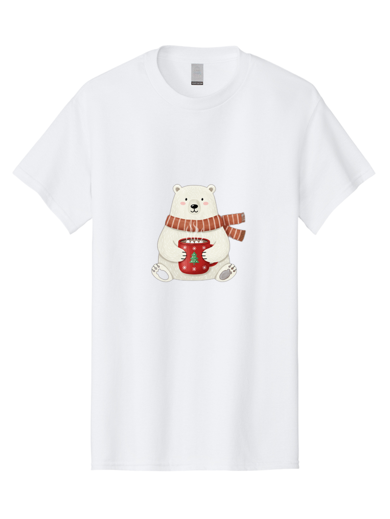Polar-Bear-With-Mug Men'S Graphic Tee, 100% Cotton, Comfortable Casual Summer Wear, Machine Washable, Polar Bear, Winter Scene, Festive Scarf, Christmas Mug, Hot Chocolate, White Snowflakes, Red Mug, Green Christmas Tree, Cold Climate, Bae676