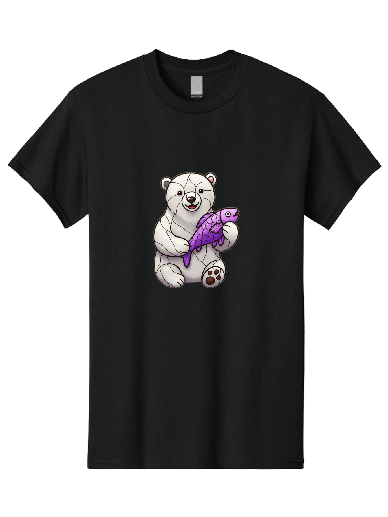 Polar-Bear-With-Purple-Fish-1 Men'S Graphic Tee, 100% Cotton, Comfortable Casual Summer Wear, Machine Washable, Cartoon Polar Bear, White Bear, Holding Purple Fish, Happy Animal, Playful Creature, Funny Illustration, Animal Graphics, Bae677