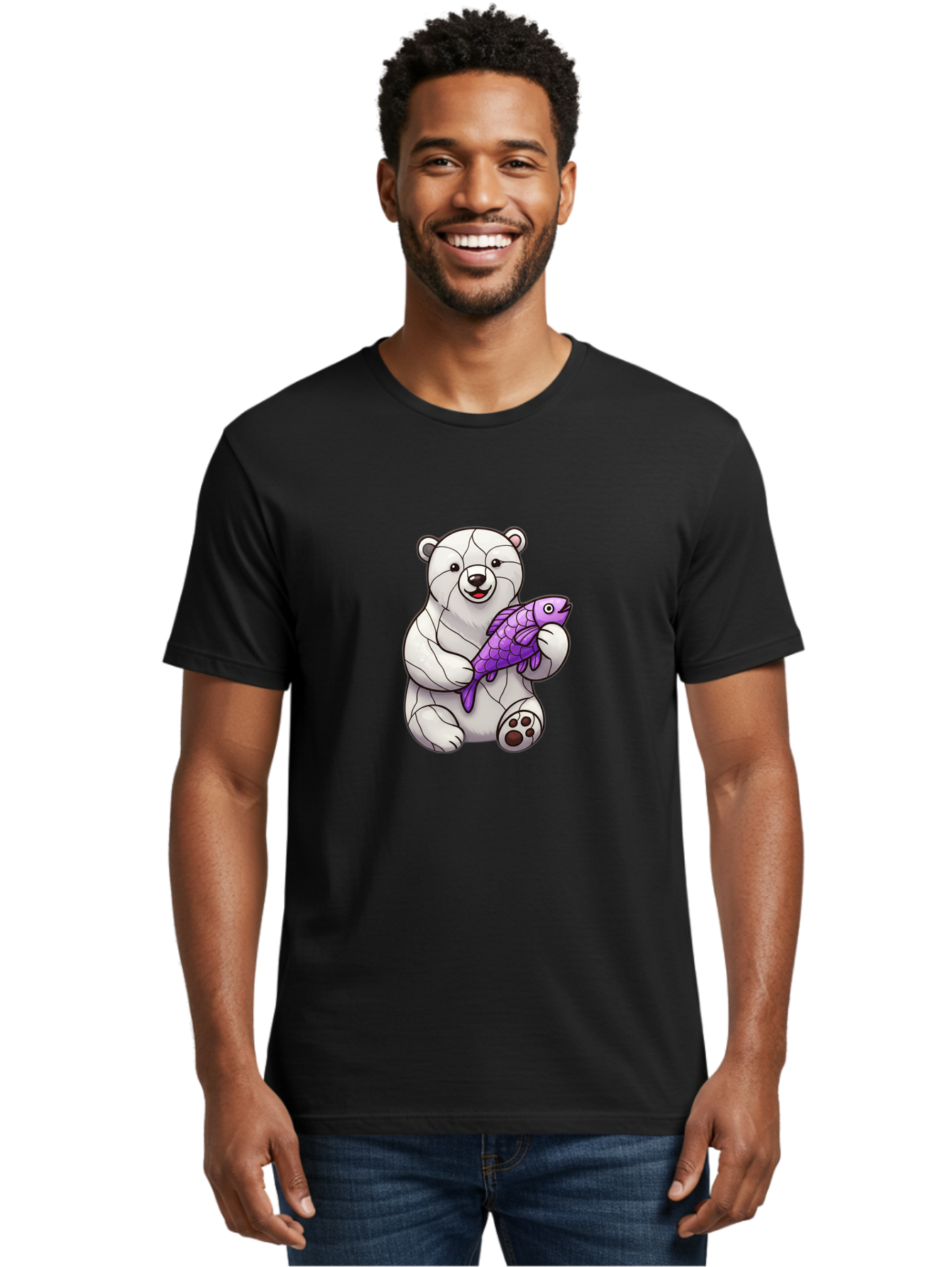 Polar-Bear-With-Purple-Fish-1 Men'S Graphic Tee, 100% Cotton, Comfortable Casual Summer Wear, Machine Washable, Cartoon Polar Bear, White Bear, Holding Purple Fish, Happy Animal, Playful Creature, Funny Illustration, Animal Graphics, Bae677