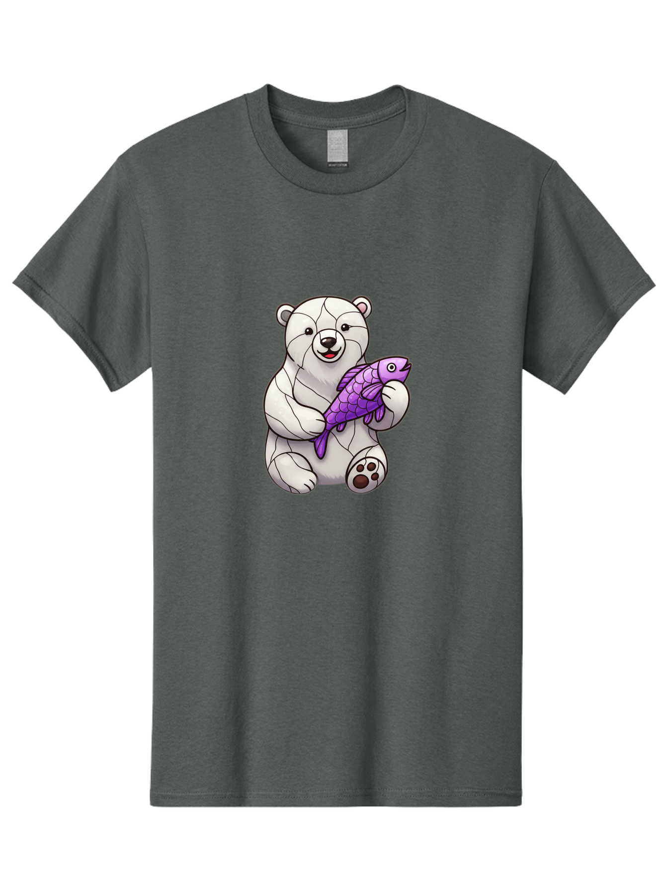 Polar-Bear-With-Purple-Fish-1 Men'S Graphic Tee, 100% Cotton, Comfortable Casual Summer Wear, Machine Washable, Cartoon Polar Bear, White Bear, Holding Purple Fish, Happy Animal, Playful Creature, Funny Illustration, Animal Graphics, Bae677