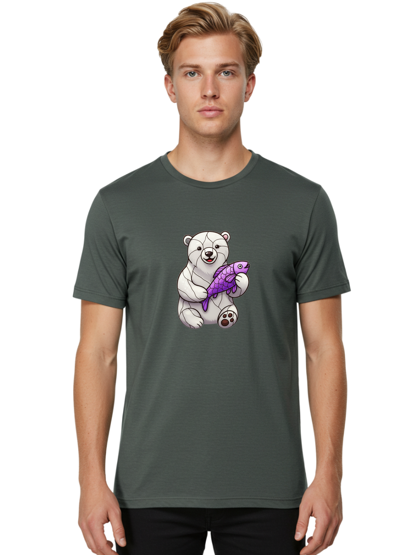Polar-Bear-With-Purple-Fish-1 Men'S Graphic Tee, 100% Cotton, Comfortable Casual Summer Wear, Machine Washable, Cartoon Polar Bear, White Bear, Holding Purple Fish, Happy Animal, Playful Creature, Funny Illustration, Animal Graphics, Bae677
