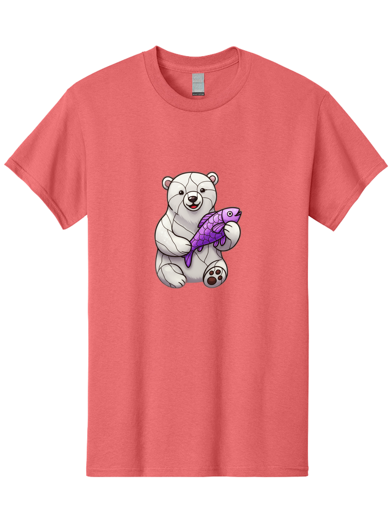 Polar-Bear-With-Purple-Fish-1 Men'S Graphic Tee, 100% Cotton, Comfortable Casual Summer Wear, Machine Washable, Cartoon Polar Bear, White Bear, Holding Purple Fish, Happy Animal, Playful Creature, Funny Illustration, Animal Graphics, Bae677