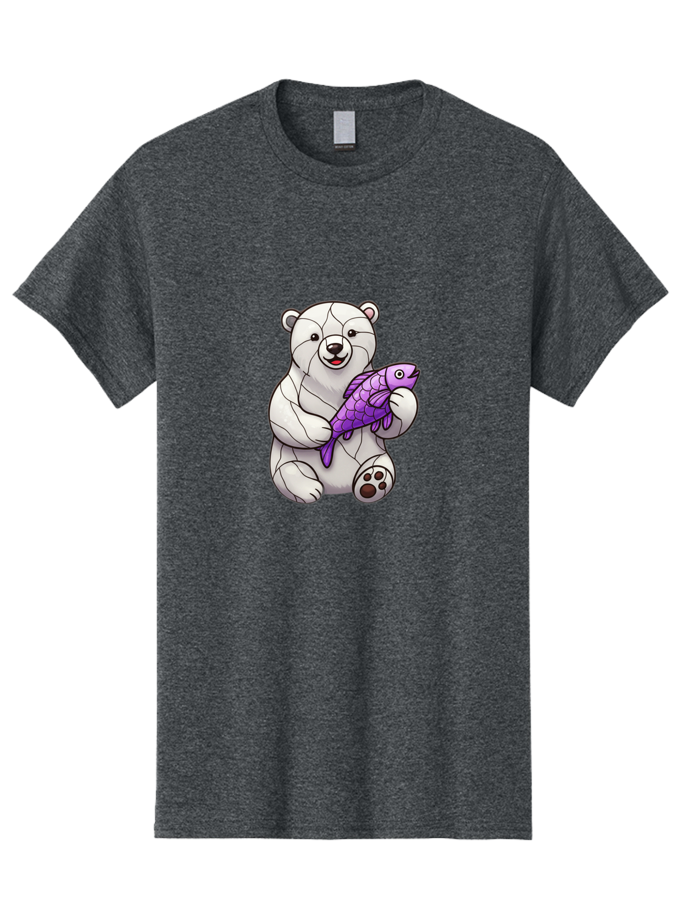 Polar-Bear-With-Purple-Fish-1 Men'S Graphic Tee, 100% Cotton, Comfortable Casual Summer Wear, Machine Washable, Cartoon Polar Bear, White Bear, Holding Purple Fish, Happy Animal, Playful Creature, Funny Illustration, Animal Graphics, Bae677