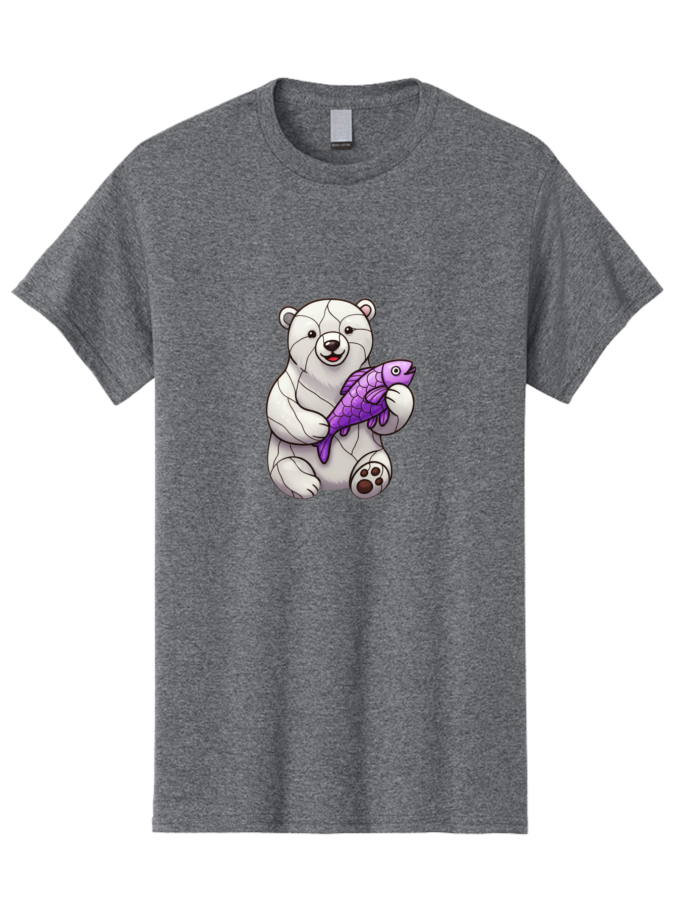 Polar-Bear-With-Purple-Fish-1 Men'S Graphic Tee, 100% Cotton, Comfortable Casual Summer Wear, Machine Washable, Cartoon Polar Bear, White Bear, Holding Purple Fish, Happy Animal, Playful Creature, Funny Illustration, Animal Graphics, Bae677