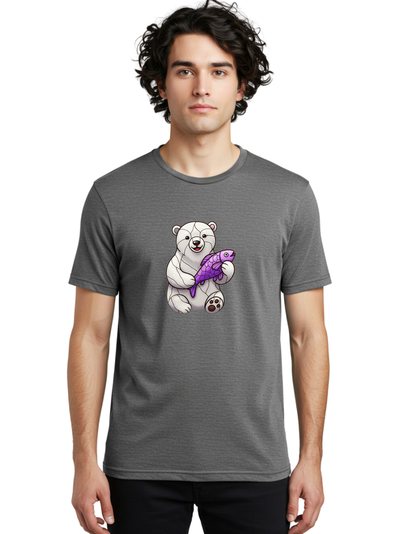 Polar-Bear-With-Purple-Fish-1 Men'S Graphic Tee, 100% Cotton, Comfortable Casual Summer Wear, Machine Washable, Cartoon Polar Bear, White Bear, Holding Purple Fish, Happy Animal, Playful Creature, Funny Illustration, Animal Graphics, Bae677