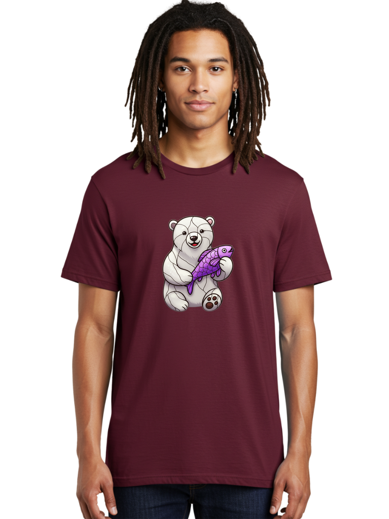 Polar-Bear-With-Purple-Fish-1 Men'S Graphic Tee, 100% Cotton, Comfortable Casual Summer Wear, Machine Washable, Cartoon Polar Bear, White Bear, Holding Purple Fish, Happy Animal, Playful Creature, Funny Illustration, Animal Graphics, Bae677