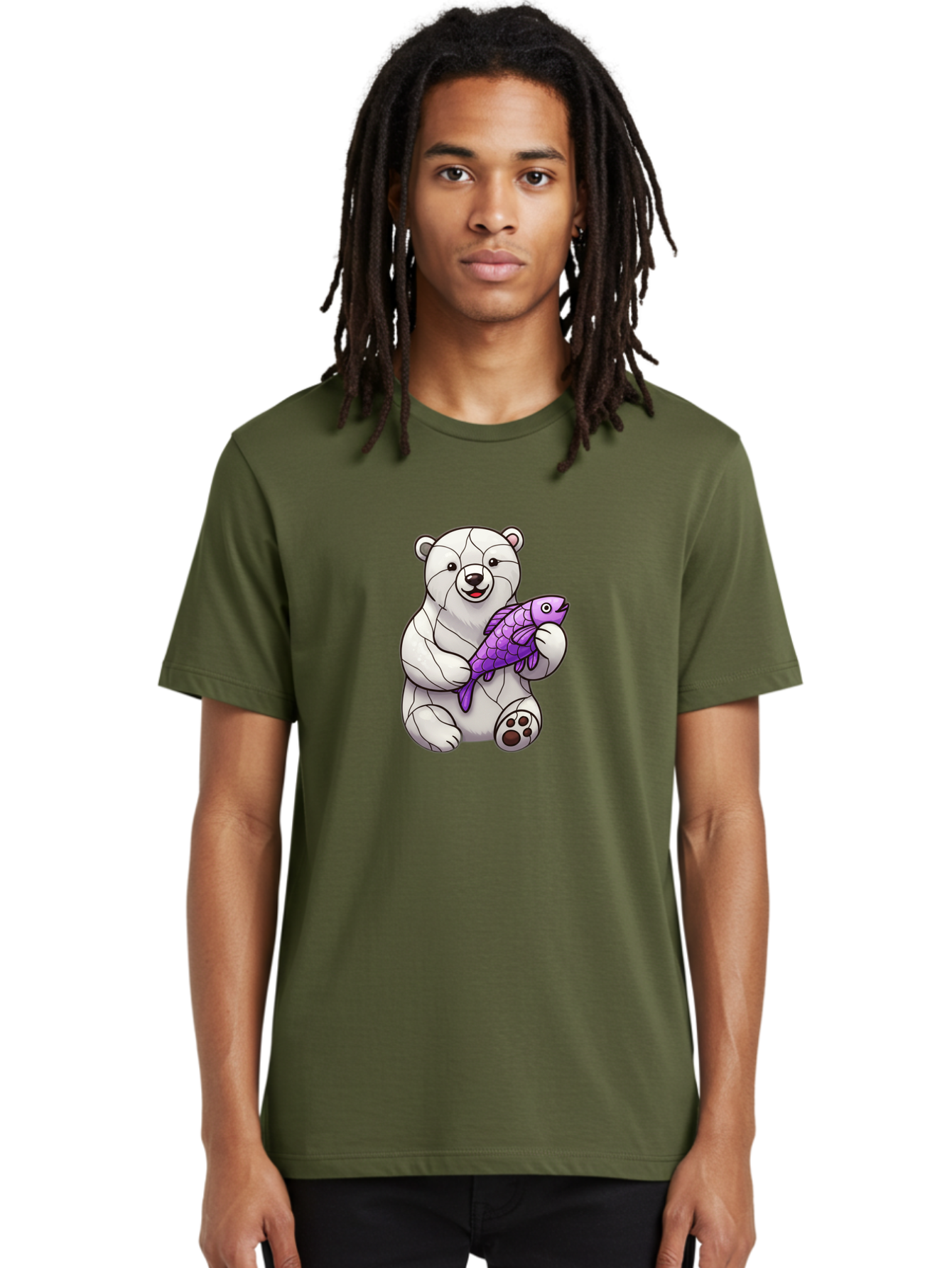 Polar-Bear-With-Purple-Fish-1 Men'S Graphic Tee, 100% Cotton, Comfortable Casual Summer Wear, Machine Washable, Cartoon Polar Bear, White Bear, Holding Purple Fish, Happy Animal, Playful Creature, Funny Illustration, Animal Graphics, Bae677