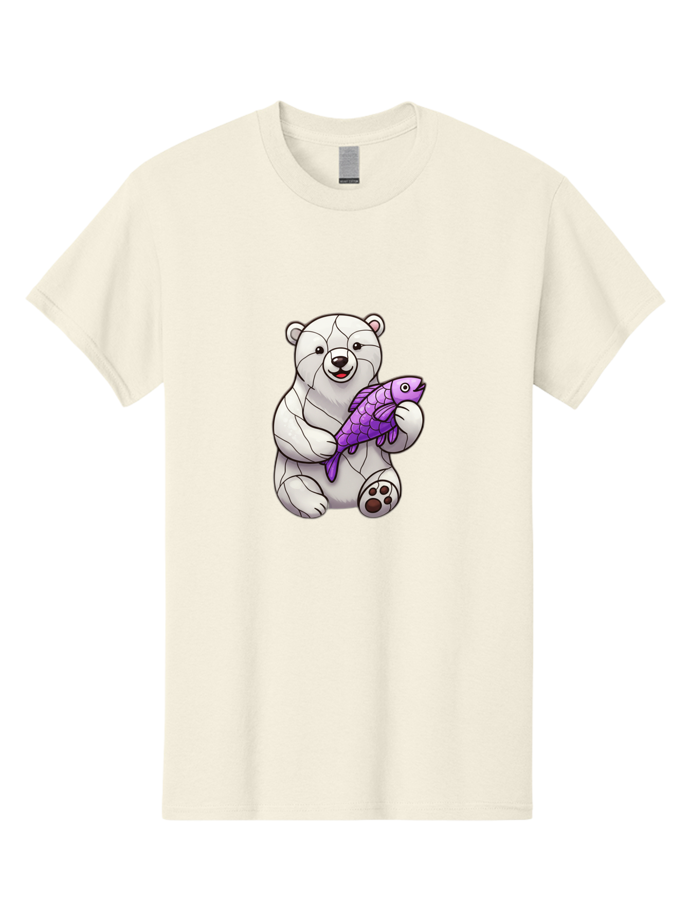 Polar-Bear-With-Purple-Fish-1 Men'S Graphic Tee, 100% Cotton, Comfortable Casual Summer Wear, Machine Washable, Cartoon Polar Bear, White Bear, Holding Purple Fish, Happy Animal, Playful Creature, Funny Illustration, Animal Graphics, Bae677