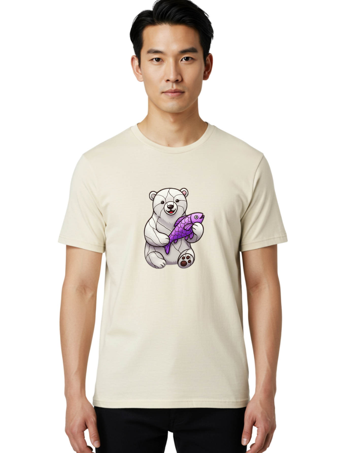Polar-Bear-With-Purple-Fish-1 Men'S Graphic Tee, 100% Cotton, Comfortable Casual Summer Wear, Machine Washable, Cartoon Polar Bear, White Bear, Holding Purple Fish, Happy Animal, Playful Creature, Funny Illustration, Animal Graphics, Bae677