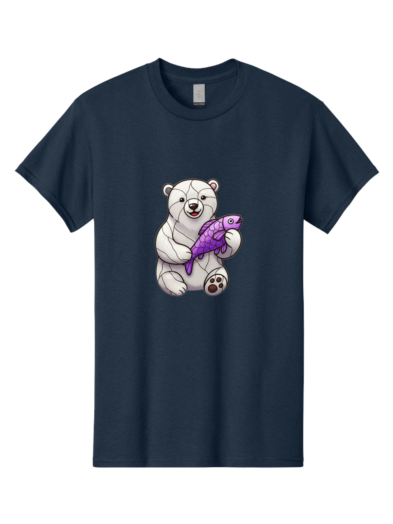 Polar-Bear-With-Purple-Fish-1 Men'S Graphic Tee, 100% Cotton, Comfortable Casual Summer Wear, Machine Washable, Cartoon Polar Bear, White Bear, Holding Purple Fish, Happy Animal, Playful Creature, Funny Illustration, Animal Graphics, Bae677