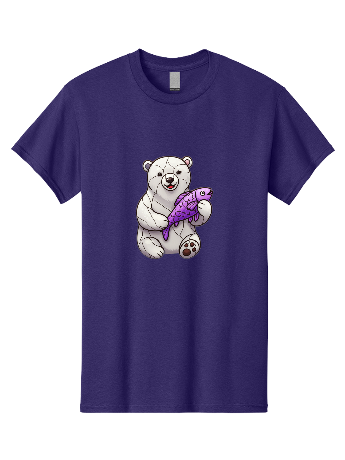 Polar-Bear-With-Purple-Fish-1 Men'S Graphic Tee, 100% Cotton, Comfortable Casual Summer Wear, Machine Washable, Cartoon Polar Bear, White Bear, Holding Purple Fish, Happy Animal, Playful Creature, Funny Illustration, Animal Graphics, Bae677