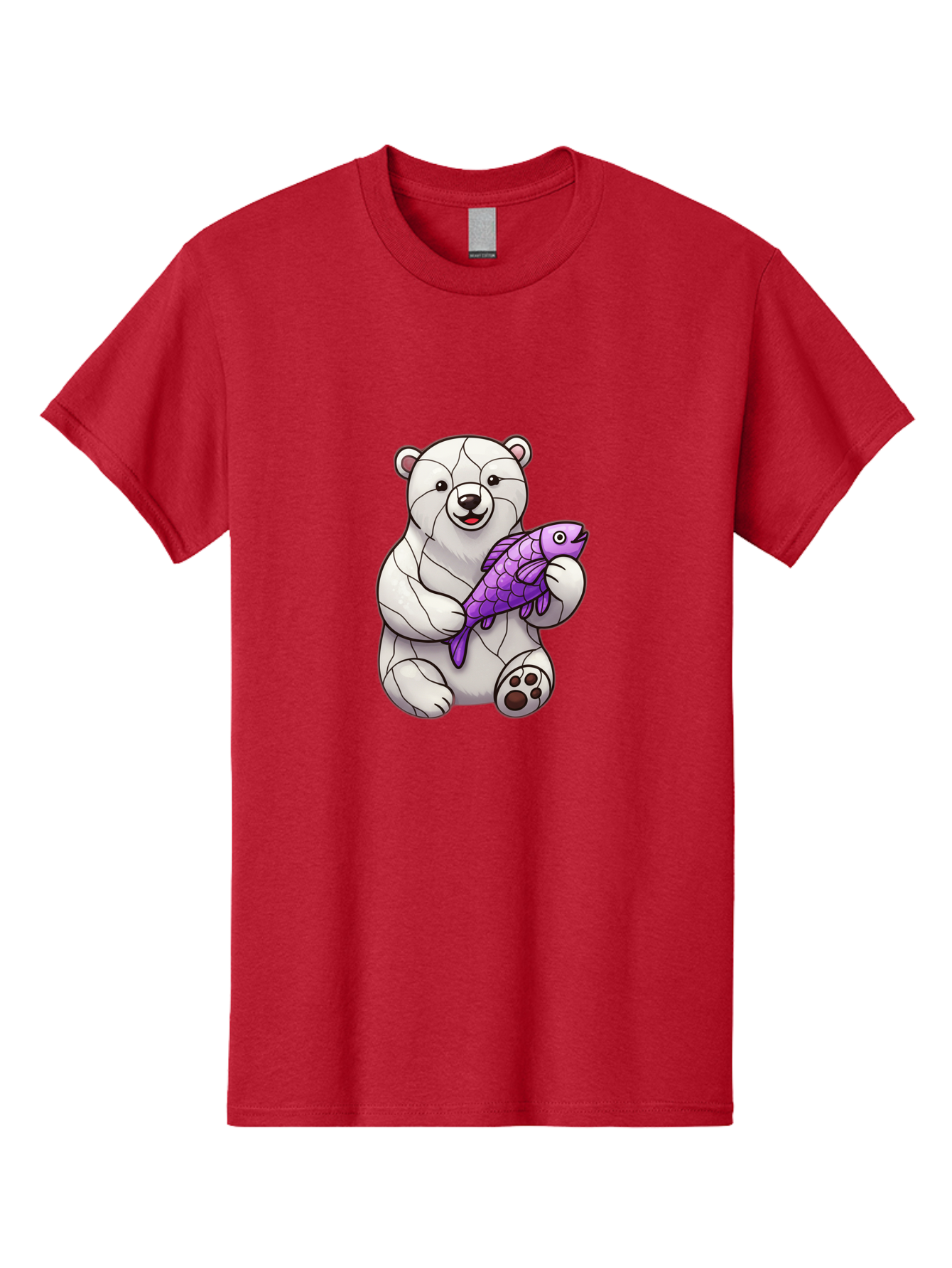 Polar-Bear-With-Purple-Fish-1 Men'S Graphic Tee, 100% Cotton, Comfortable Casual Summer Wear, Machine Washable, Cartoon Polar Bear, White Bear, Holding Purple Fish, Happy Animal, Playful Creature, Funny Illustration, Animal Graphics, Bae677