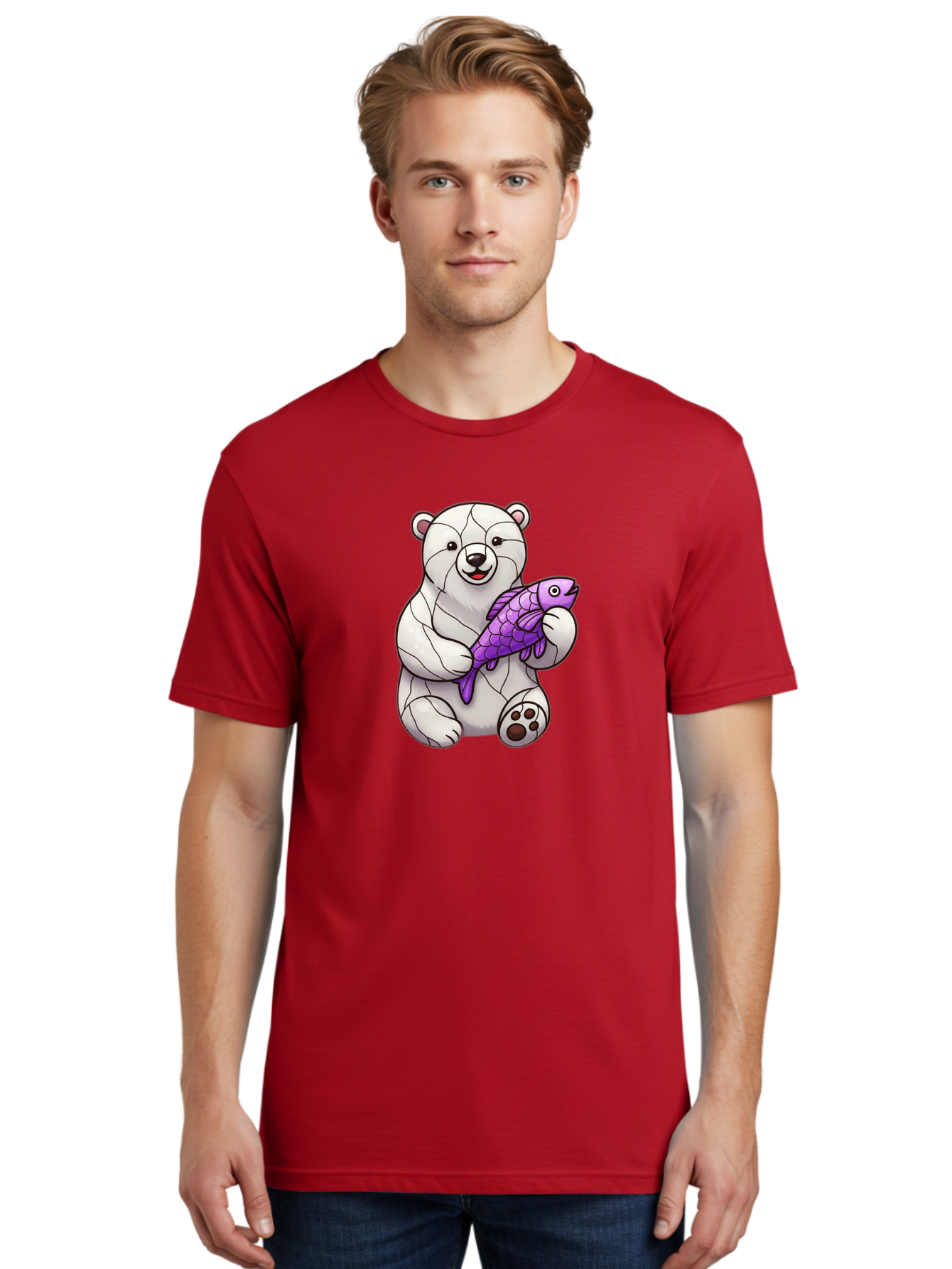 Polar-Bear-With-Purple-Fish-1 Men'S Graphic Tee, 100% Cotton, Comfortable Casual Summer Wear, Machine Washable, Cartoon Polar Bear, White Bear, Holding Purple Fish, Happy Animal, Playful Creature, Funny Illustration, Animal Graphics, Bae677