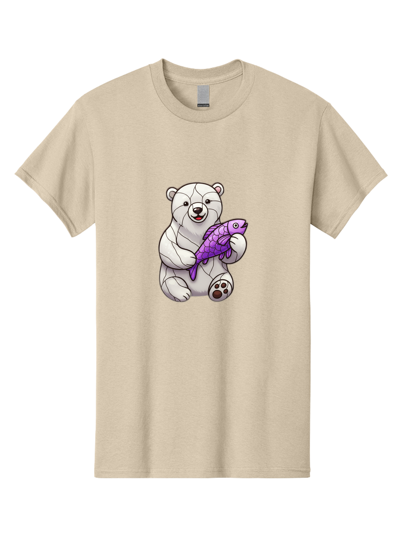 Polar-Bear-With-Purple-Fish-1 Men'S Graphic Tee, 100% Cotton, Comfortable Casual Summer Wear, Machine Washable, Cartoon Polar Bear, White Bear, Holding Purple Fish, Happy Animal, Playful Creature, Funny Illustration, Animal Graphics, Bae677