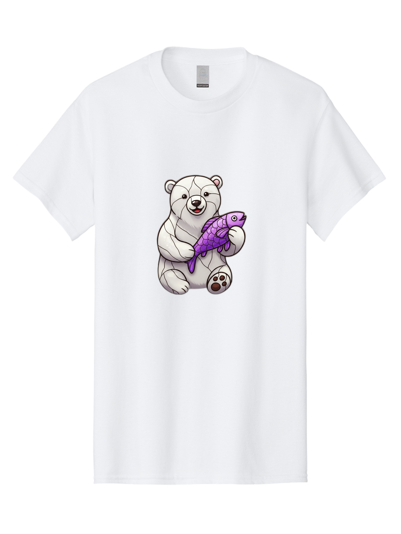 Polar-Bear-With-Purple-Fish-1 Men'S Graphic Tee, 100% Cotton, Comfortable Casual Summer Wear, Machine Washable, Cartoon Polar Bear, White Bear, Holding Purple Fish, Happy Animal, Playful Creature, Funny Illustration, Animal Graphics, Bae677