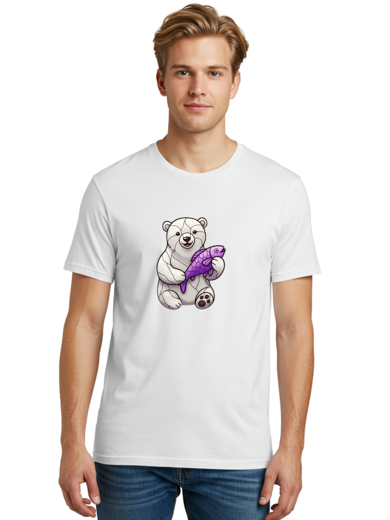 Polar-Bear-With-Purple-Fish-1 Men'S Graphic Tee, 100% Cotton, Comfortable Casual Summer Wear, Machine Washable, Cartoon Polar Bear, White Bear, Holding Purple Fish, Happy Animal, Playful Creature, Funny Illustration, Animal Graphics, Bae677