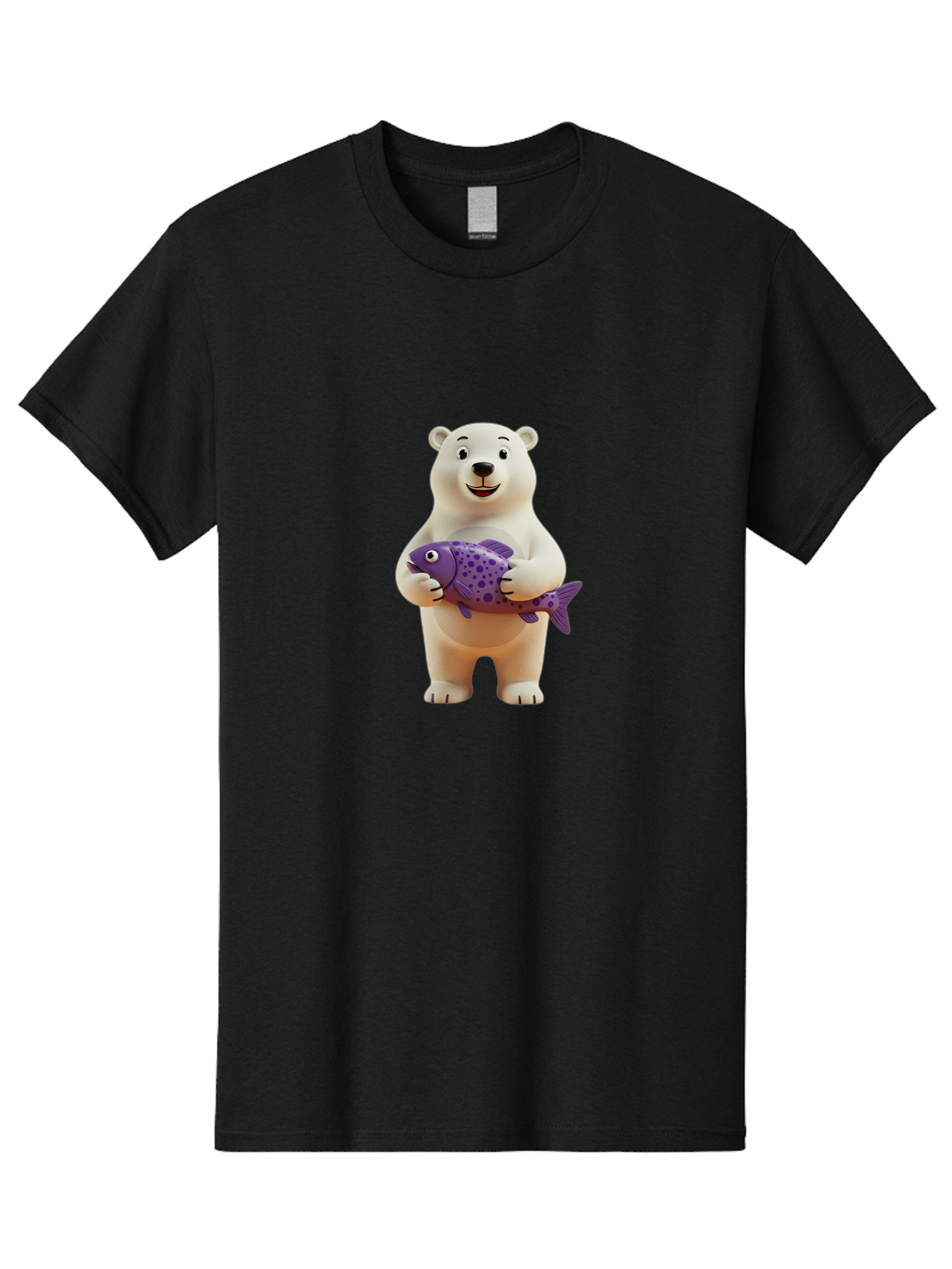 Polar-Bear-With-Purple-Fish Men'S Graphic Tee, 100% Cotton, Comfortable Casual Summer Wear, Machine Washable, Cartoon Polar Bear Holding Fish, Cute Animal, Digital Illustration, Purple Fish With Spots, Smiling Bear, Friendly Character, Bae678