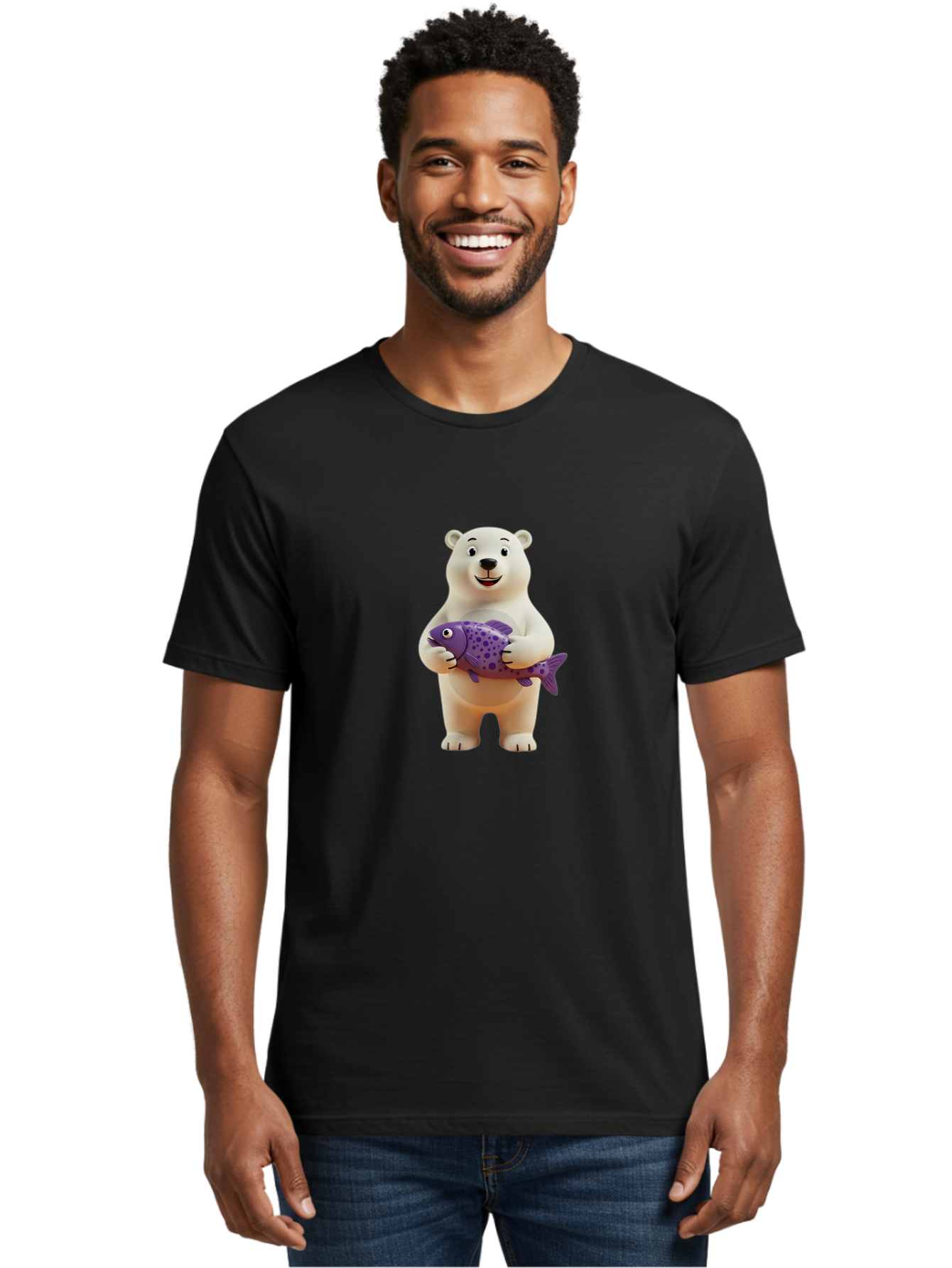 Polar-Bear-With-Purple-Fish Men'S Graphic Tee, 100% Cotton, Comfortable Casual Summer Wear, Machine Washable, Cartoon Polar Bear Holding Fish, Cute Animal, Digital Illustration, Purple Fish With Spots, Smiling Bear, Friendly Character, Bae678